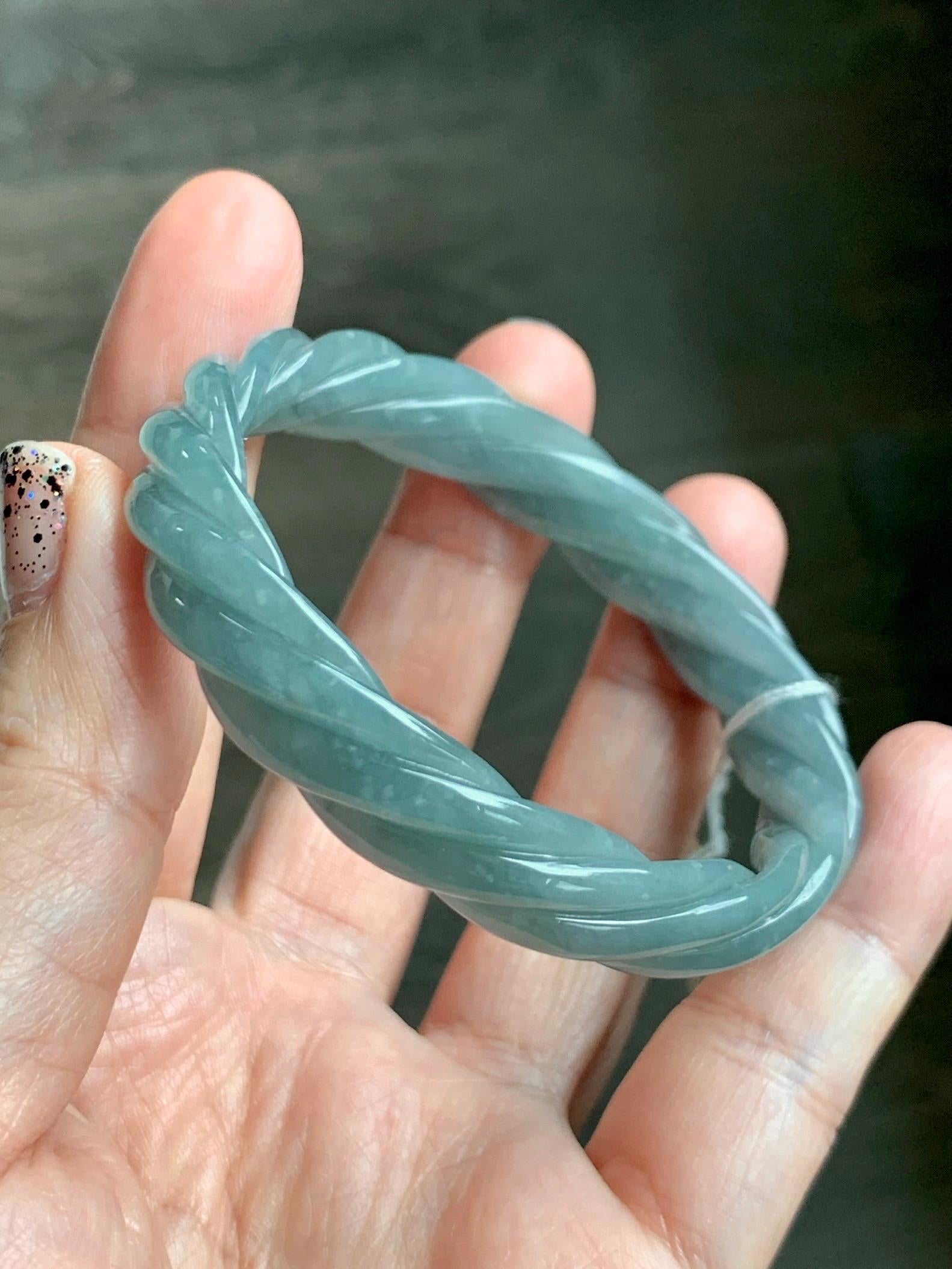 Certified Natural Grade A Guatemalan Icy Translucent Dusty Teal Blue Jade Jadeite Carved Braid Oval Bangle 50x55mm 28g 天然冰危暗蓝翡翠麻花贵妃手镯 082