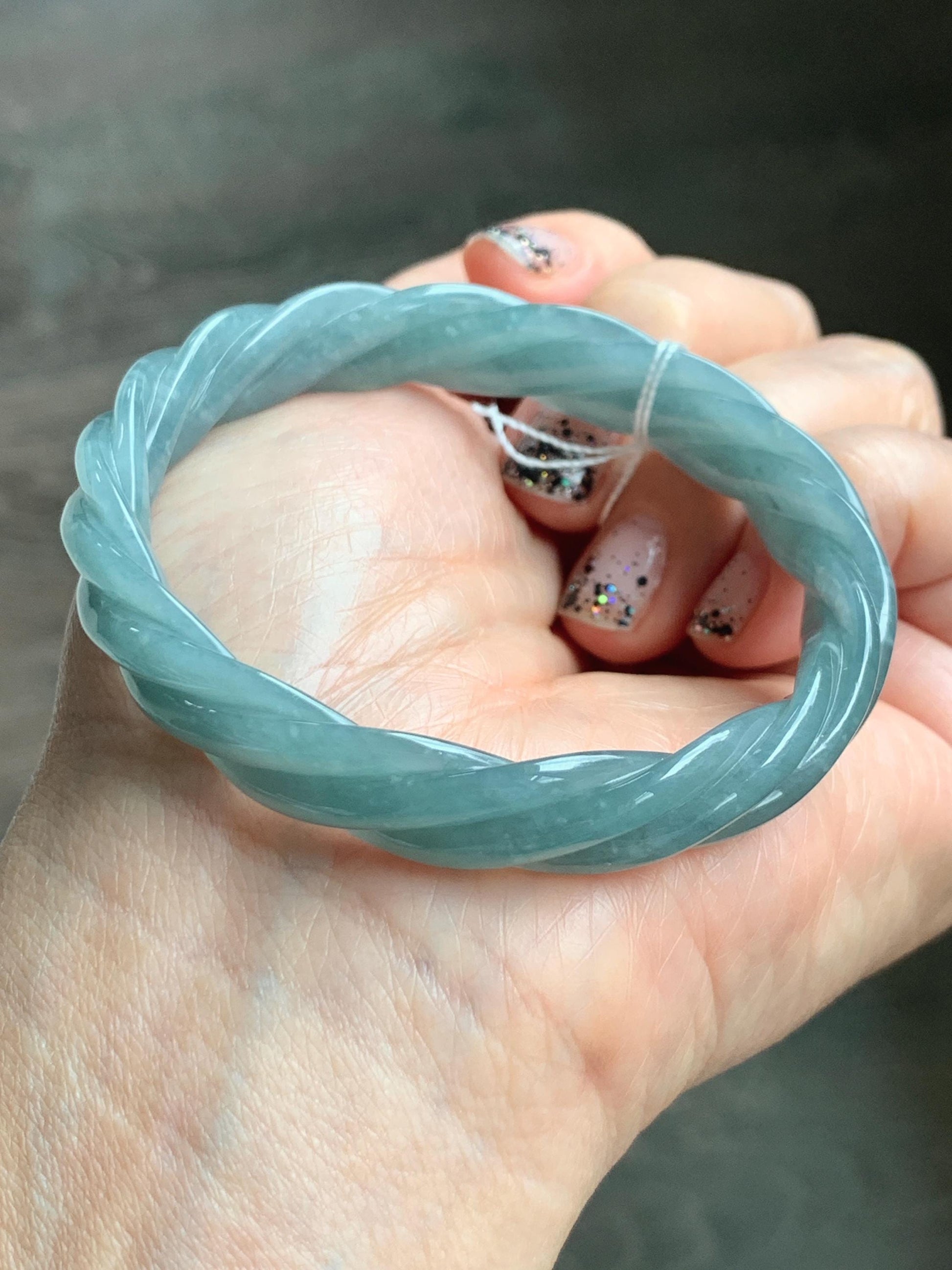 Certified Natural Grade A Guatemalan Icy Translucent Dusty Teal Blue Jade Jadeite Carved Braid Oval Bangle 50x55mm 28g 天然冰危暗蓝翡翠麻花贵妃手镯 082