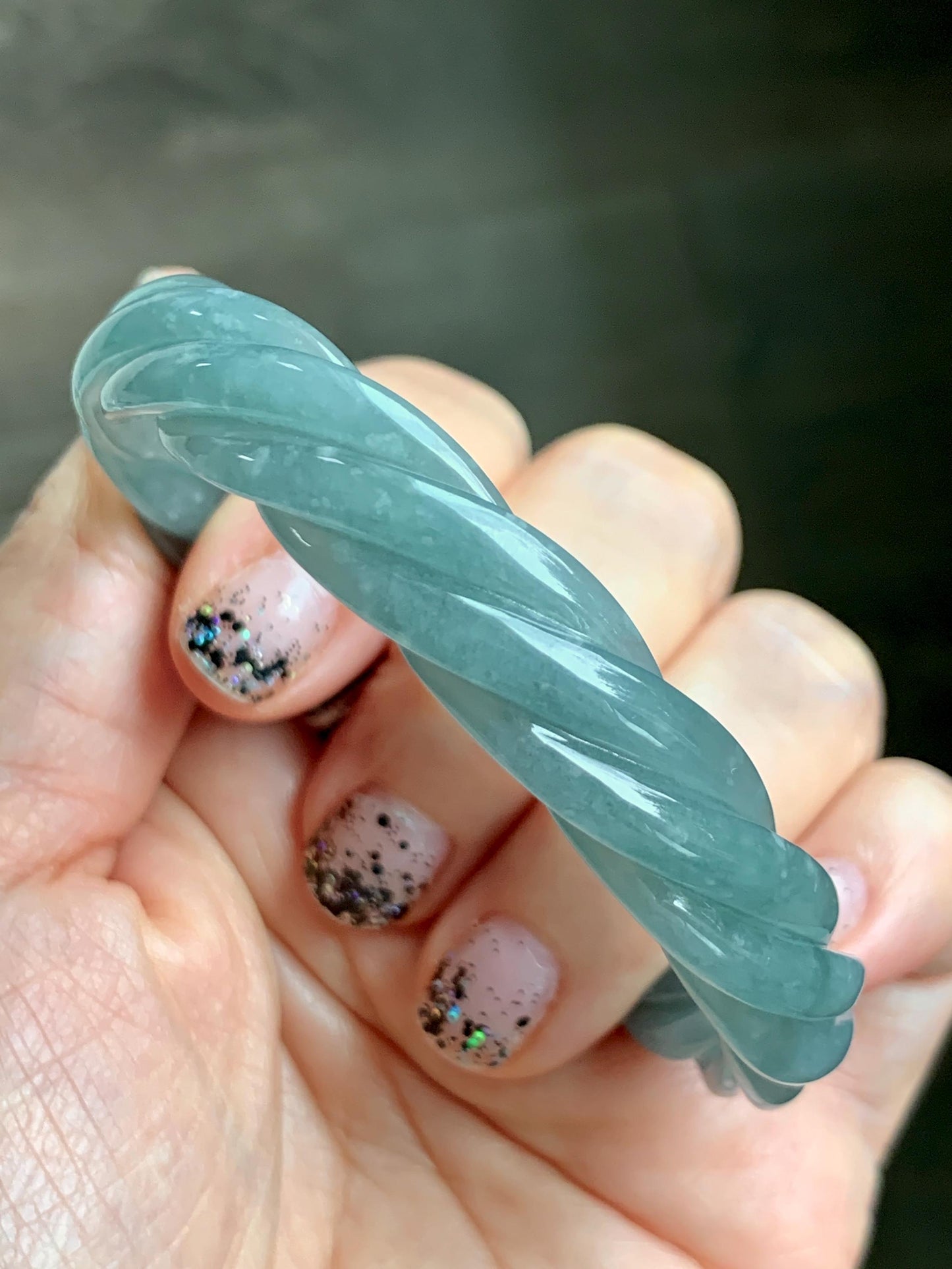Certified Natural Grade A Guatemalan Icy Translucent Dusty Teal Blue Jade Jadeite Carved Braid Oval Bangle 50x55mm 28g 天然冰危暗蓝翡翠麻花贵妃手镯 082