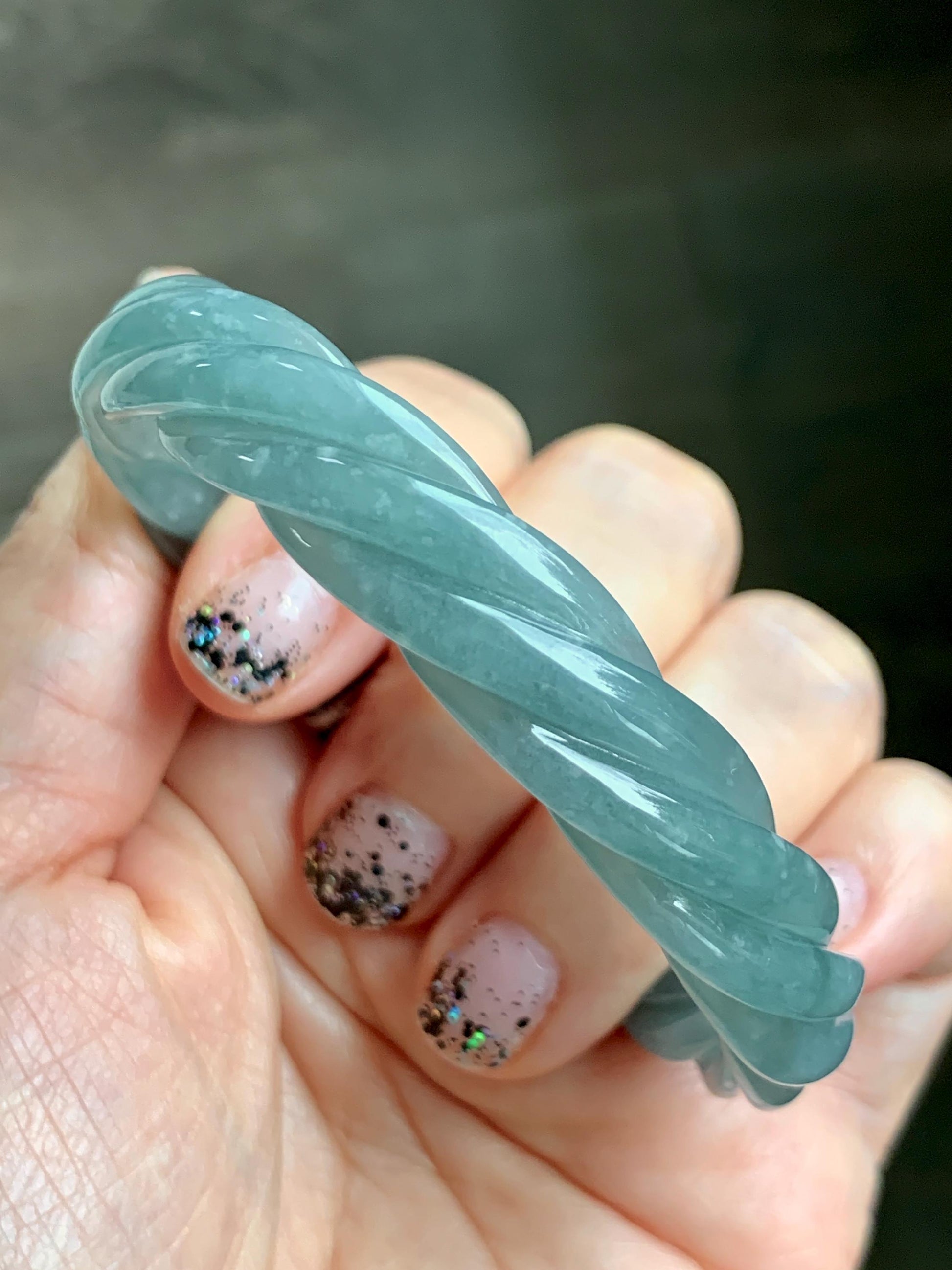 Certified Natural Grade A Guatemalan Icy Translucent Dusty Teal Blue Jade Jadeite Carved Braid Oval Bangle 50x55mm 28g 天然冰危暗蓝翡翠麻花贵妃手镯 082