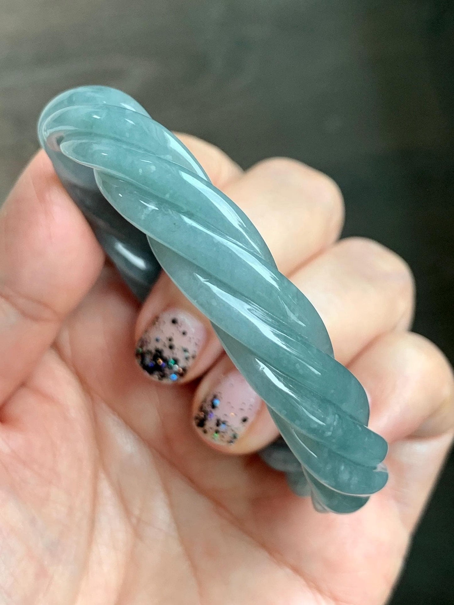 Certified Natural Grade A Guatemalan Icy Translucent Dusty Teal Blue Jade Jadeite Carved Braid Oval Bangle 50x55mm 28g 天然冰危暗蓝翡翠麻花贵妃手镯 082