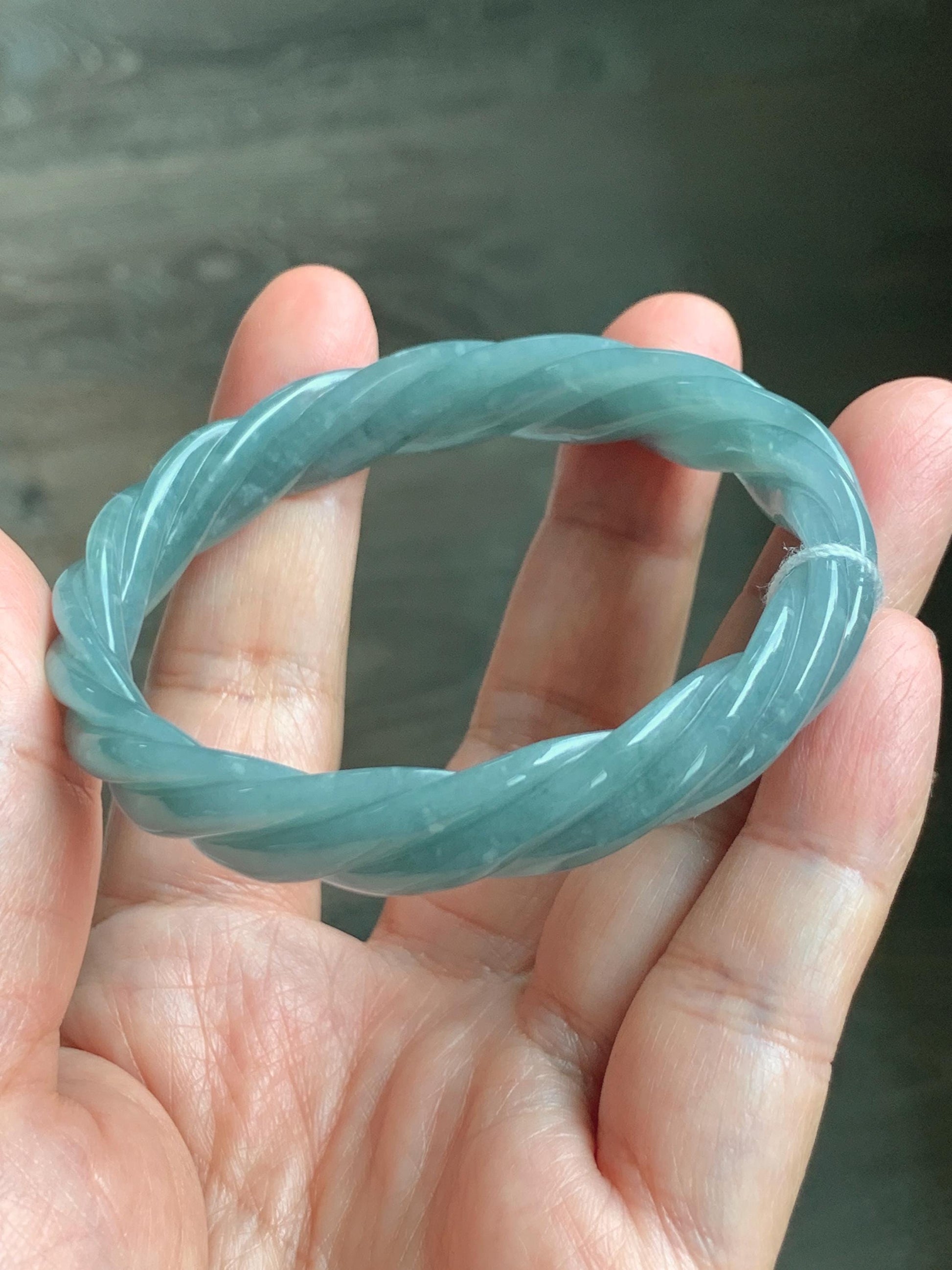 Certified Natural Grade A Guatemalan Icy Translucent Dusty Teal Blue Jade Jadeite Carved Braid Oval Bangle 50x55mm 28g 天然冰危暗蓝翡翠麻花贵妃手镯 082