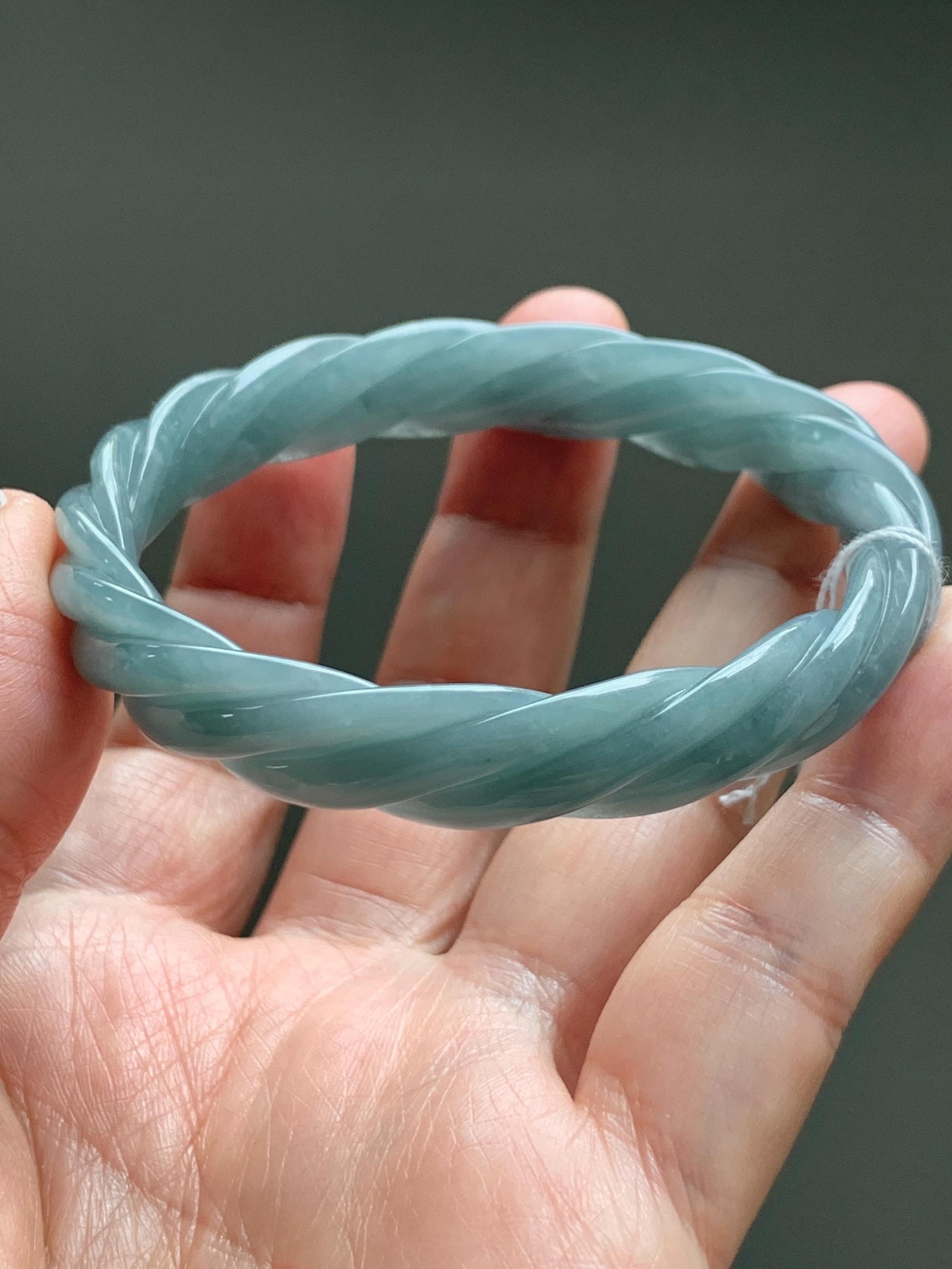 Certified Natural Grade A Guatemalan Icy Translucent Dusty Teal Blue Jade Jadeite Carved Braid Oval Bangle 50x55mm 28g 天然冰危暗蓝翡翠麻花贵妃手镯 082