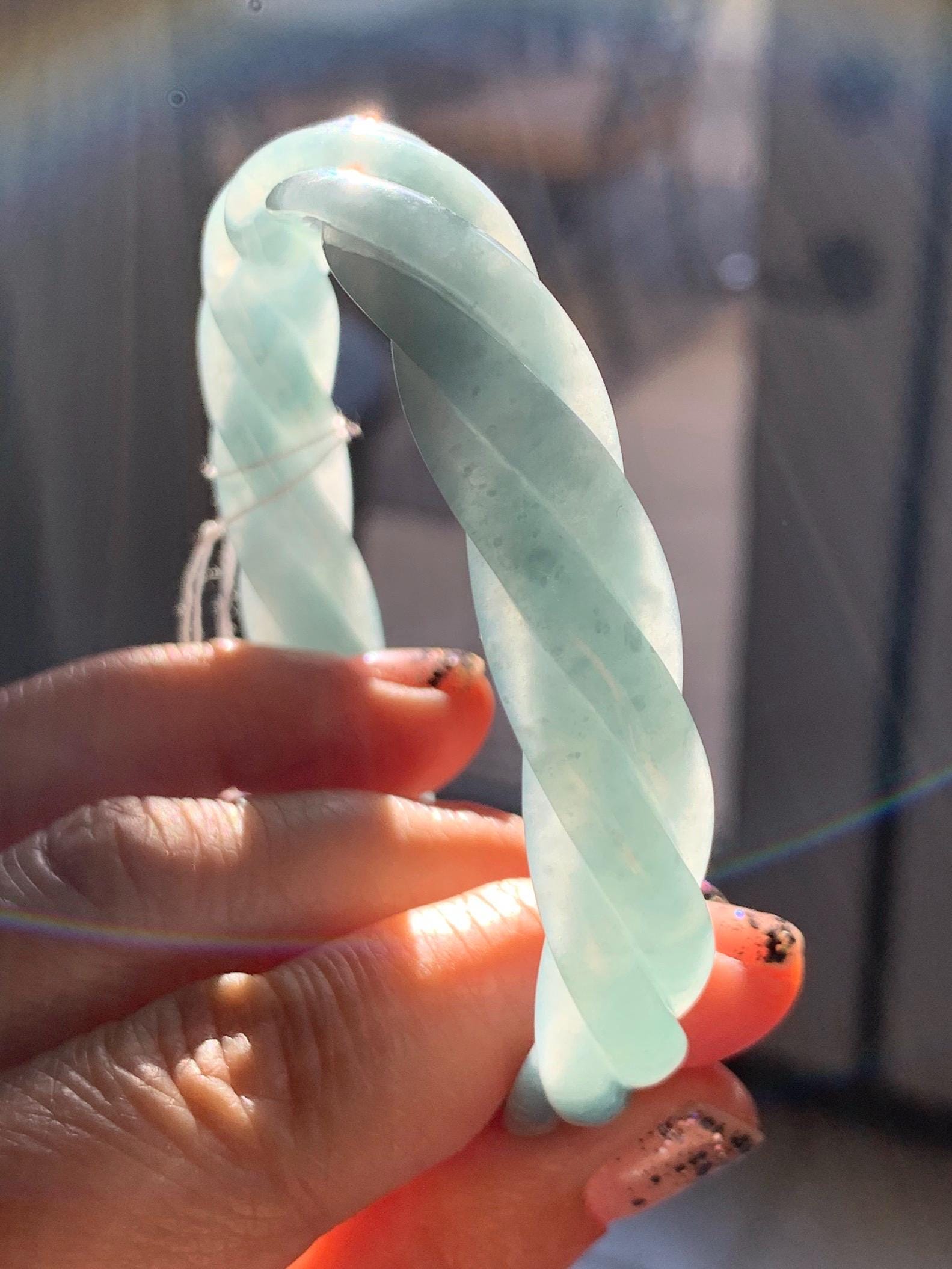 Certified Natural Grade A Guatemalan Icy Translucent Dark Dusty Blue Jade Jadeite Carved Braid Bangle 62mm 7.66” 33g 天然冰危暗蓝翡翠麻花手镯 084