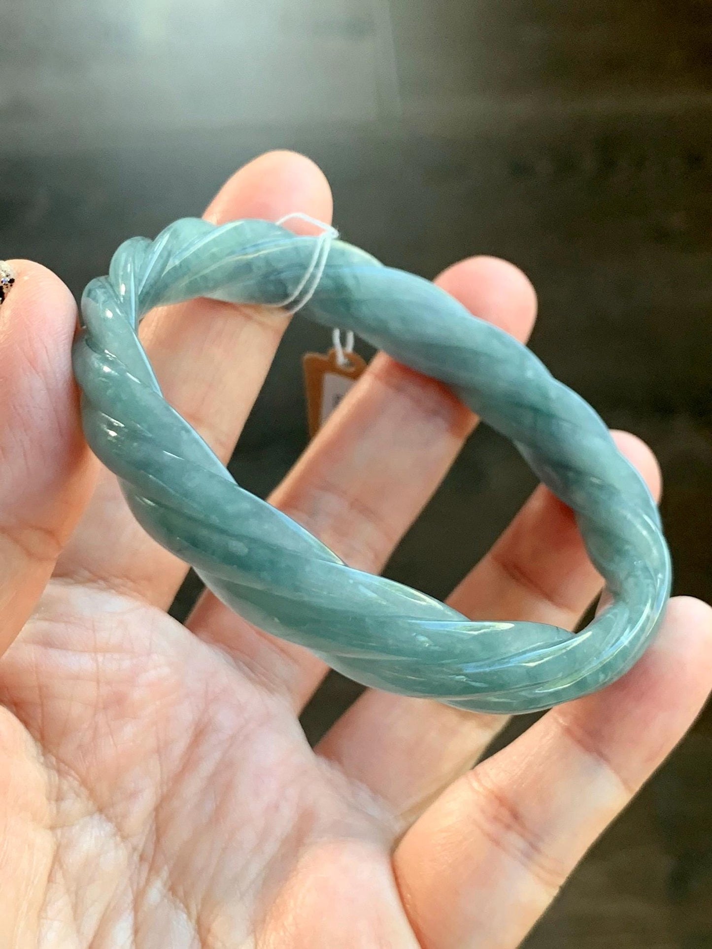 Certified Natural Grade A Guatemalan Icy Translucent Dark Dusty Blue Jade Jadeite Carved Braid Bangle 62mm 7.66” 33g 天然冰危暗蓝翡翠麻花手镯 084