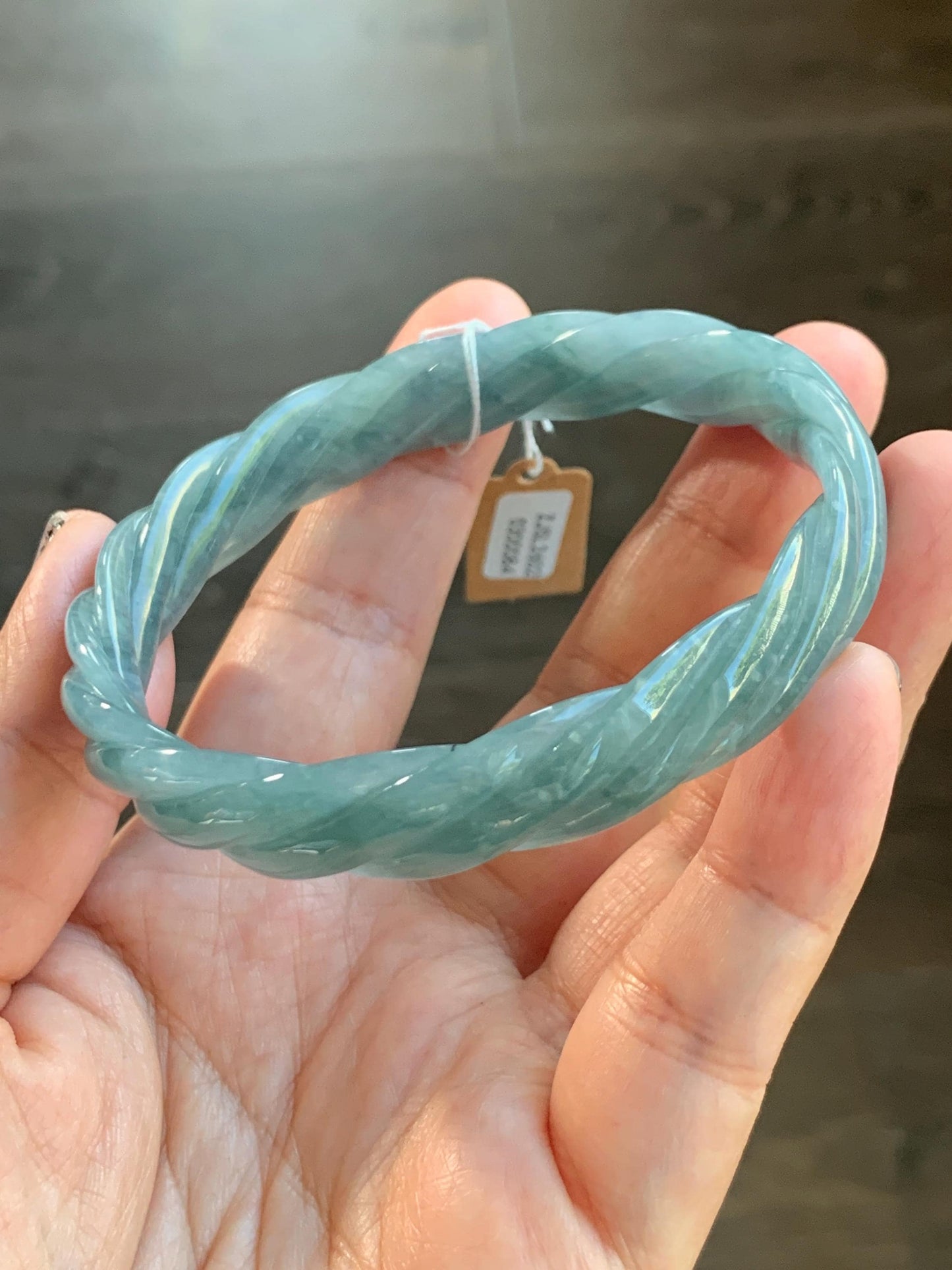 Certified Natural Grade A Guatemalan Icy Translucent Dark Dusty Blue Jade Jadeite Carved Braid Bangle 62mm 7.66” 33g 天然冰危暗蓝翡翠麻花手镯 084