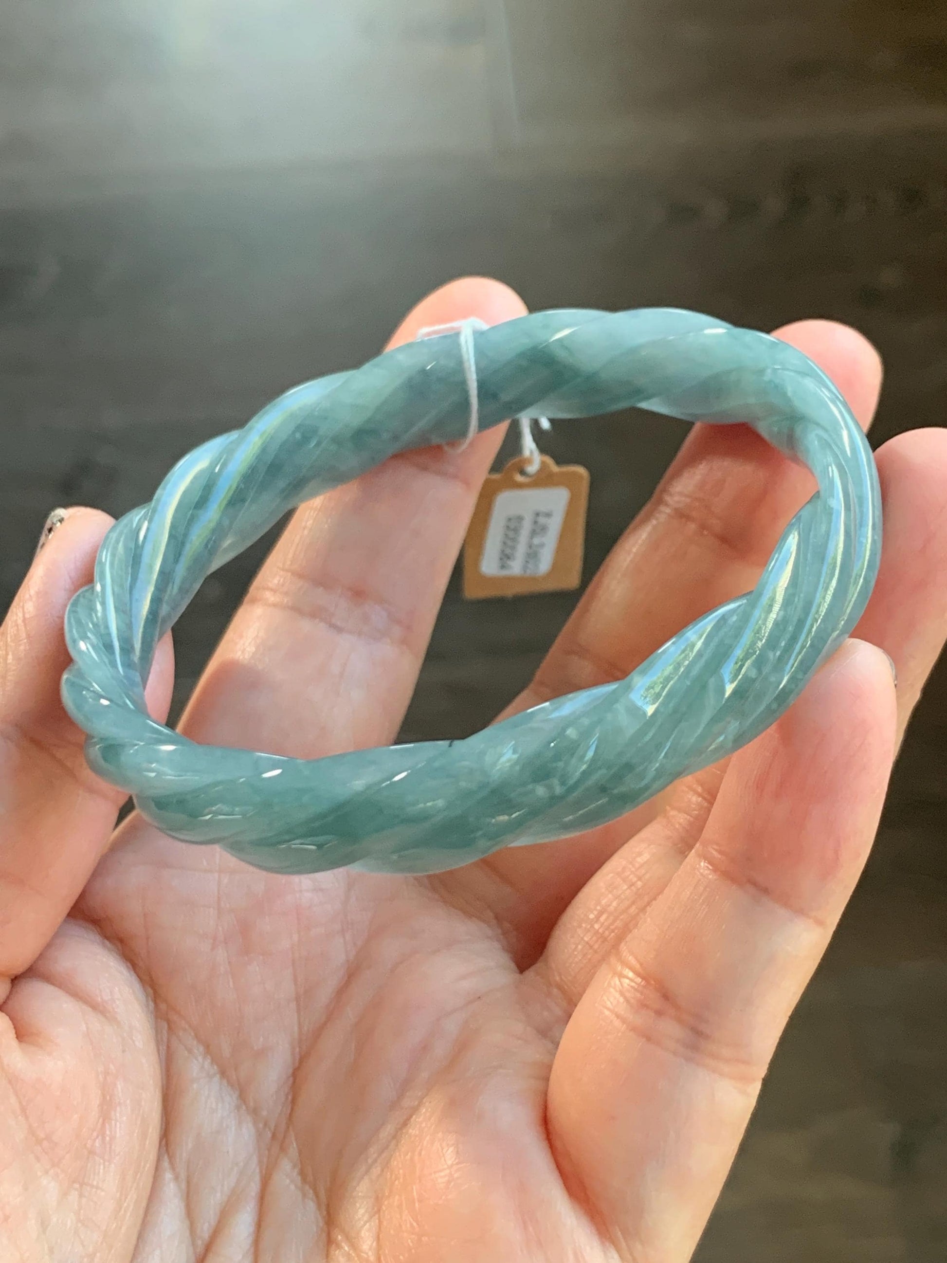 Certified Natural Grade A Guatemalan Icy Translucent Dark Dusty Blue Jade Jadeite Carved Braid Bangle 62mm 7.66” 33g 天然冰危暗蓝翡翠麻花手镯 084