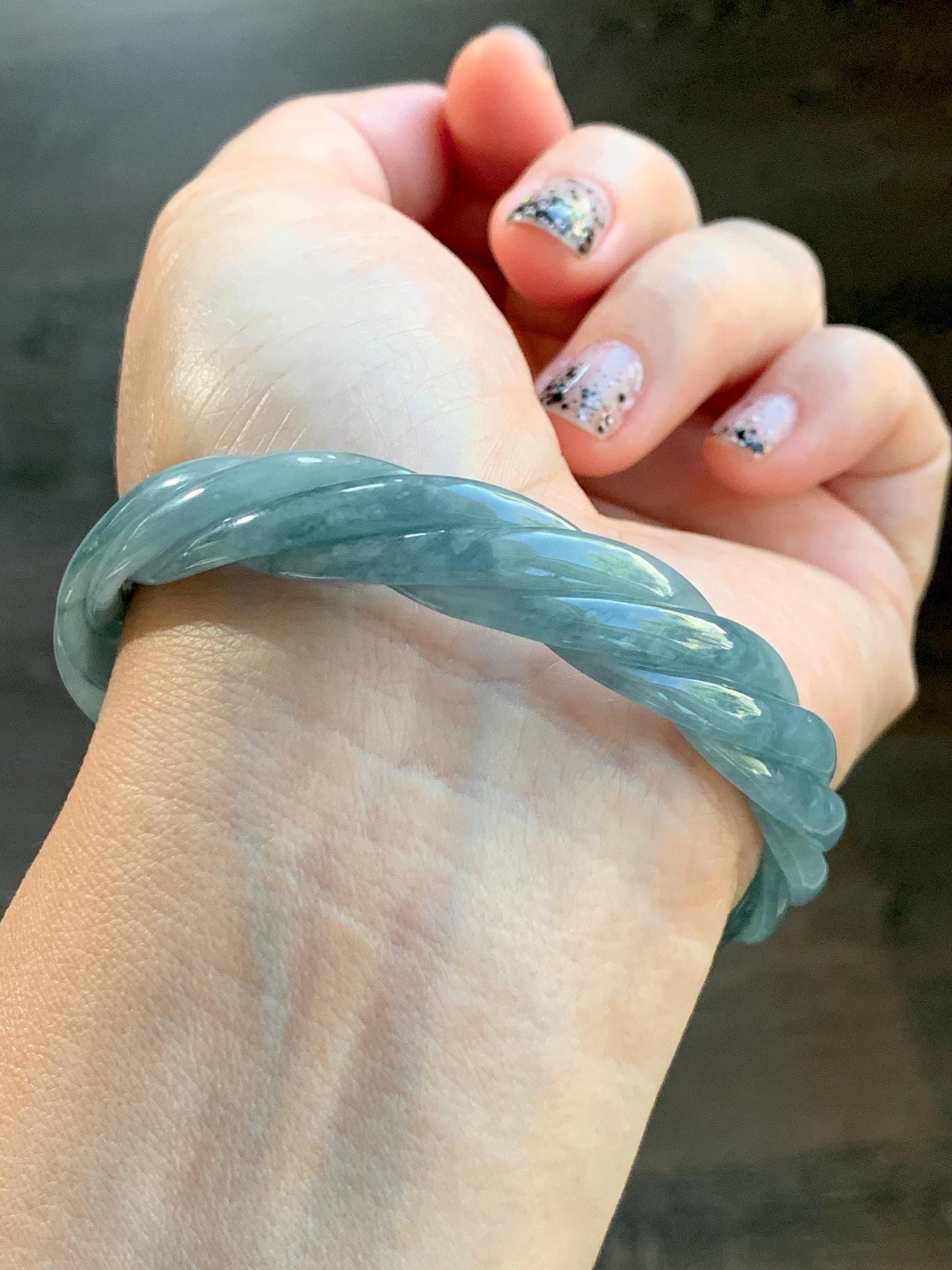 Certified Natural Grade A Guatemalan Icy Translucent Dark Dusty Blue Jade Jadeite Carved Braid Bangle 62mm 7.66” 33g 天然冰危暗蓝翡翠麻花手镯 084