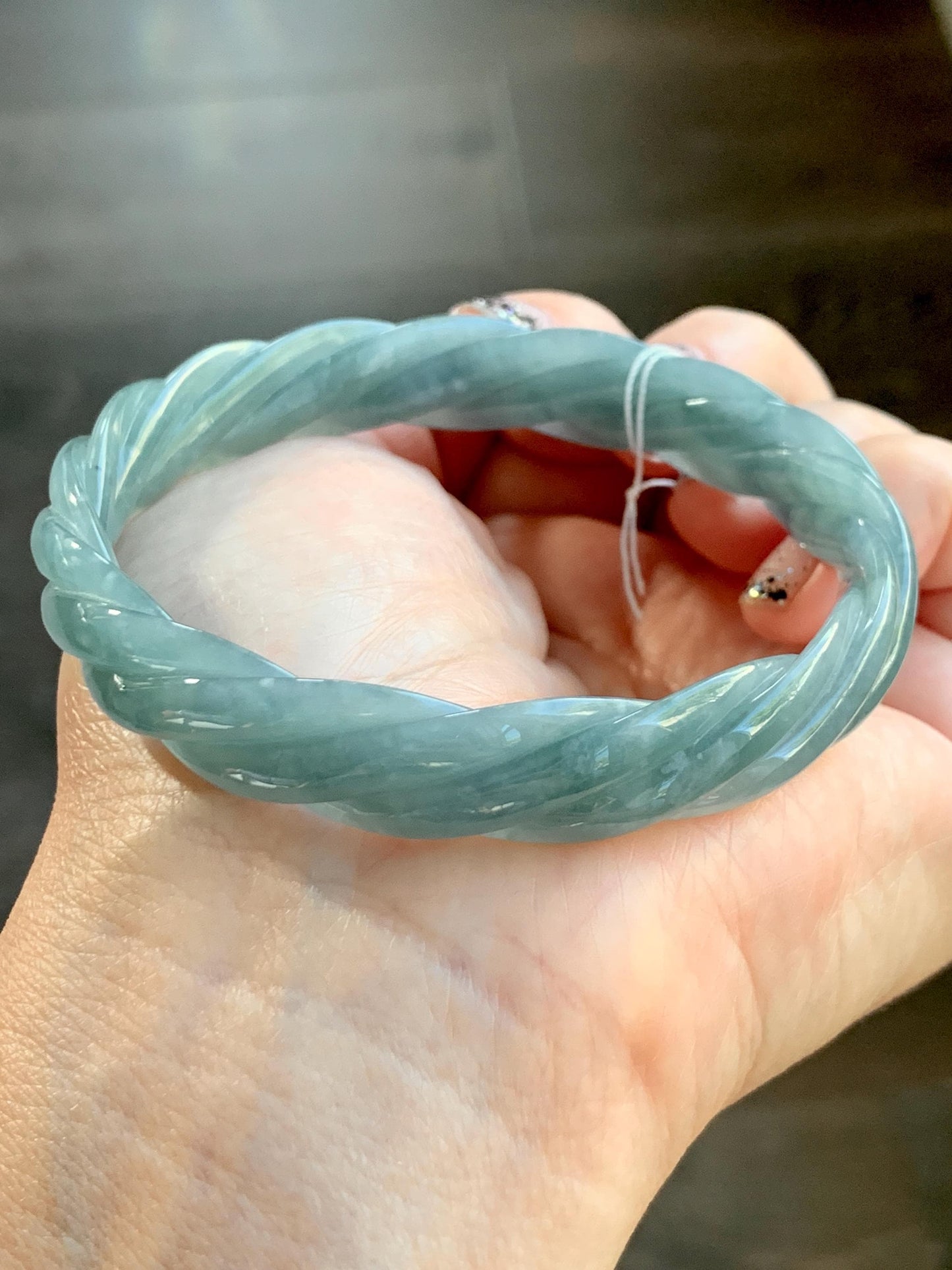 Certified Natural Grade A Guatemalan Icy Translucent Dark Dusty Blue Jade Jadeite Carved Braid Bangle 62mm 7.66” 33g 天然冰危暗蓝翡翠麻花手镯 084