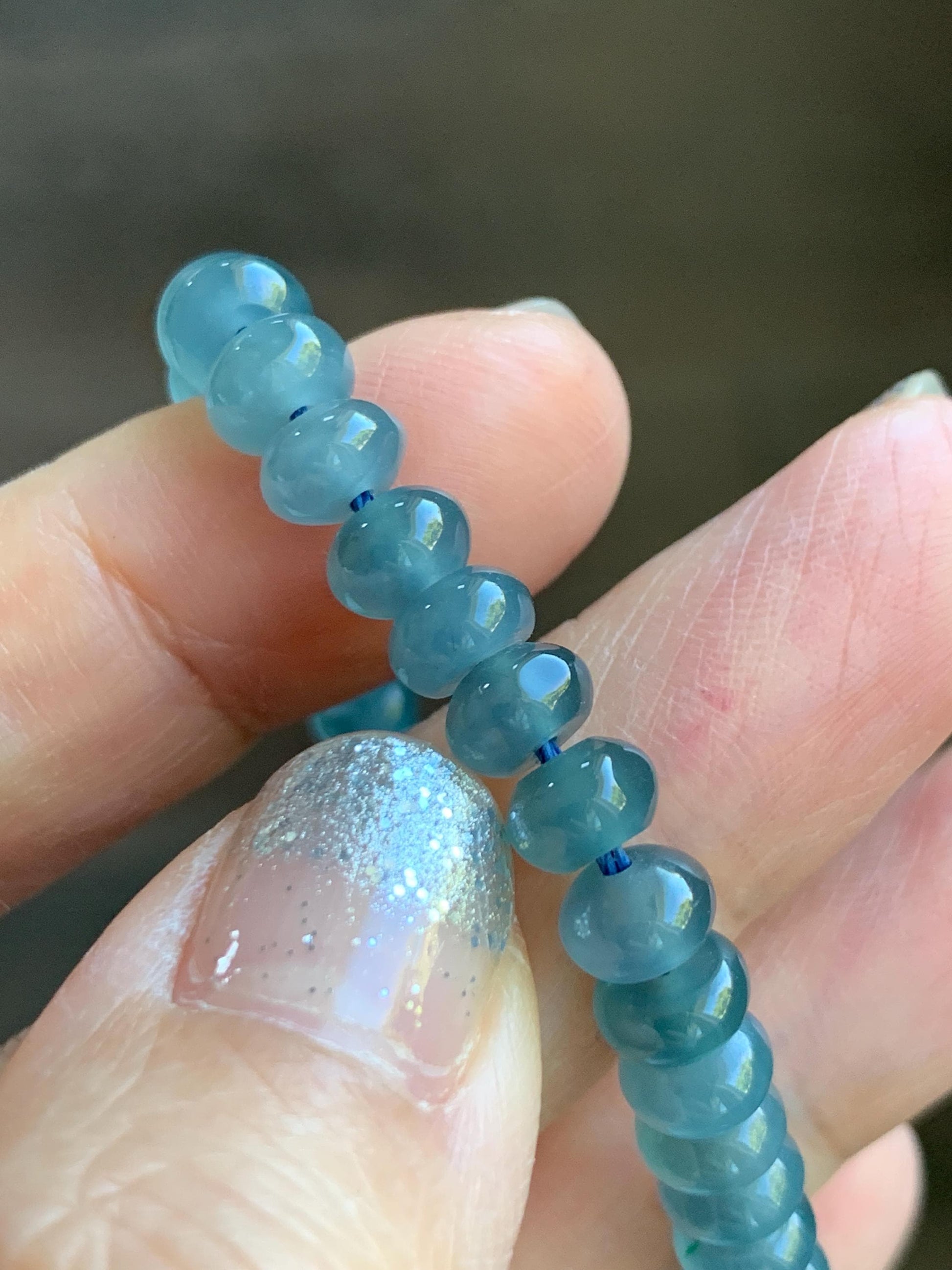 Certified Natural Grade A Guatemalan Icy Translucent Dusty Aegean Blue Jade Jadeite Small Drum Beads Beaded Bracelet 7” 15.5g 天然冰危蓝翡翠鼓珠手串491