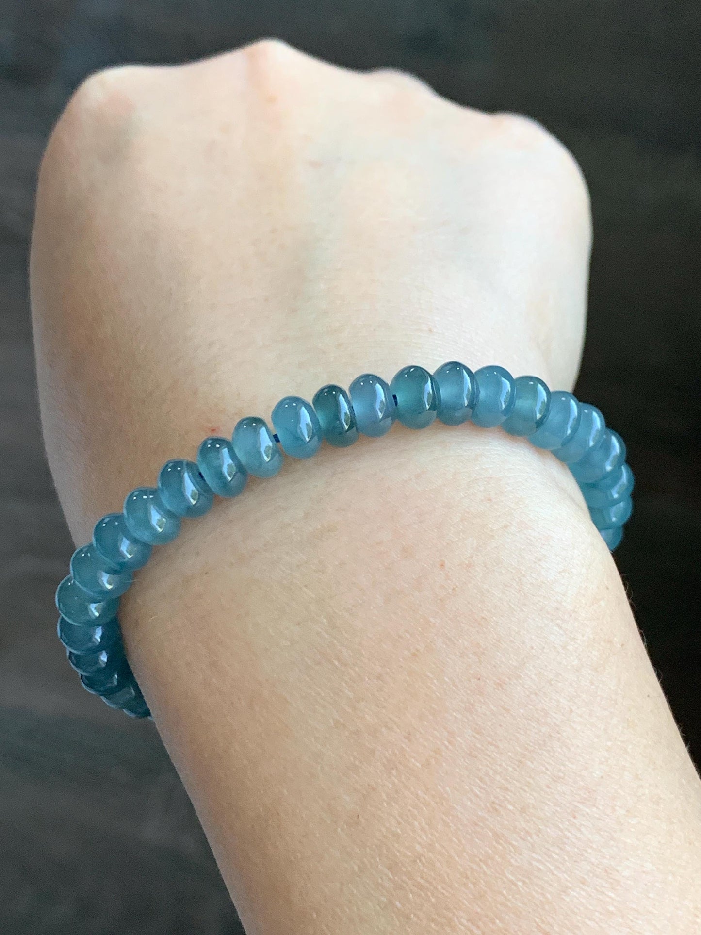 Certified Natural Grade A Guatemalan Icy Translucent Dusty Aegean Blue Jade Jadeite Small Drum Beads Beaded Bracelet 7” 15.5g 天然冰危蓝翡翠鼓珠手串491