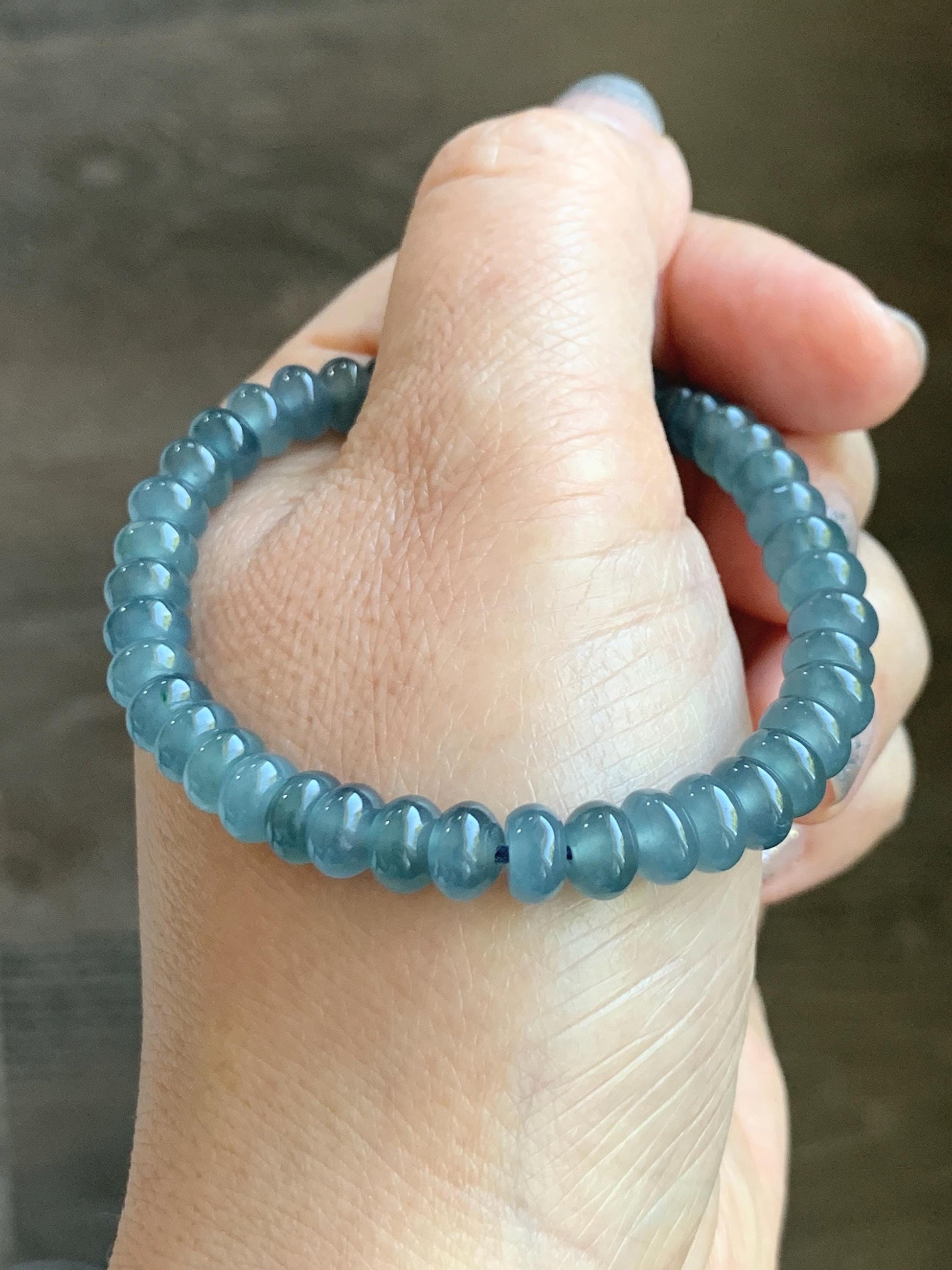 Certified Natural Grade A Guatemalan Icy Translucent Dusty Aegean Blue Jade Jadeite Small Drum Beads Beaded Bracelet 7” 15.5g 天然冰危蓝翡翠鼓珠手串491
