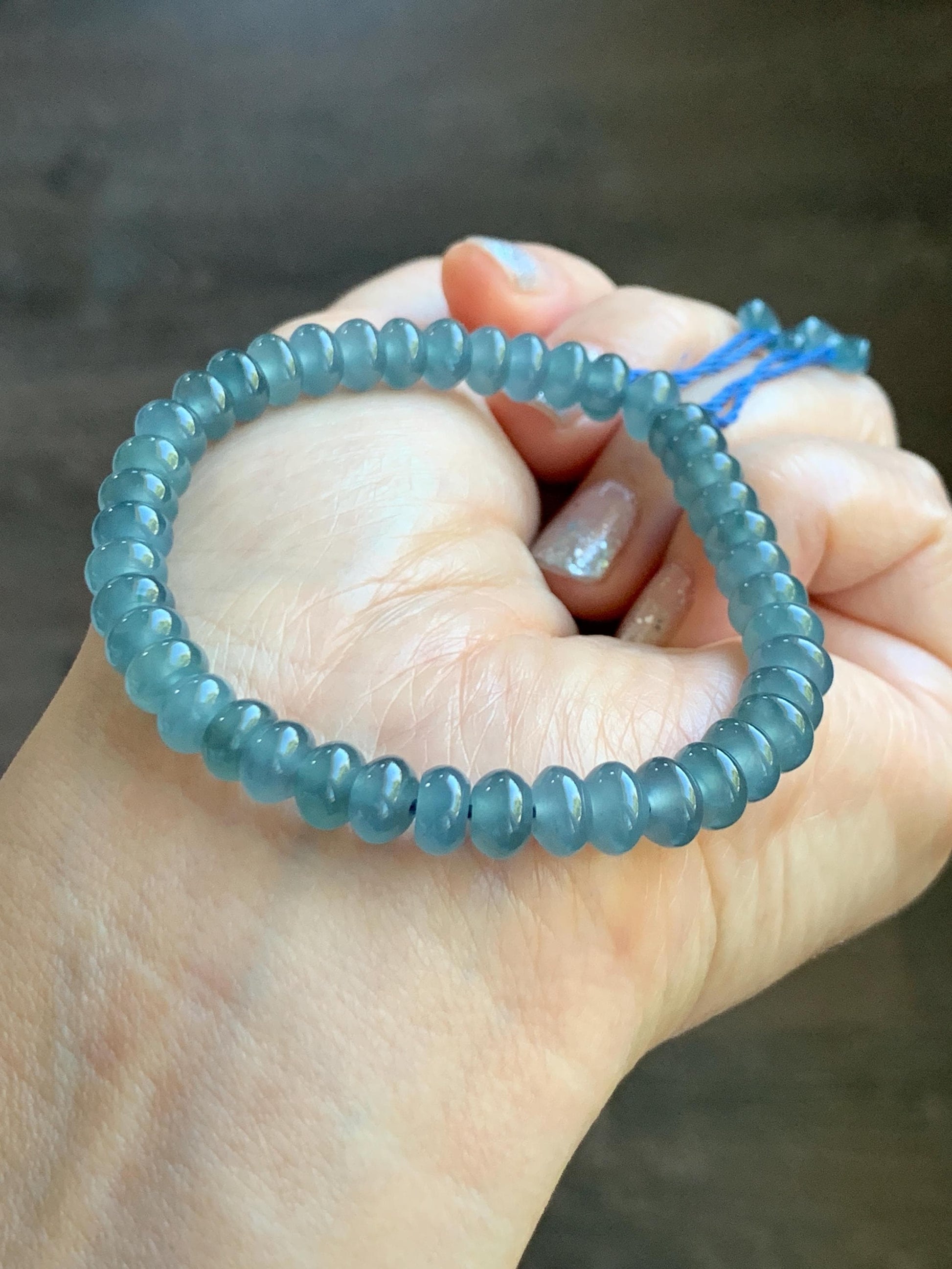 Certified Natural Grade A Guatemalan Icy Translucent Dusty Aegean Blue Jade Jadeite Small Drum Beads Beaded Bracelet 7” 15.5g 天然冰危蓝翡翠鼓珠手串491