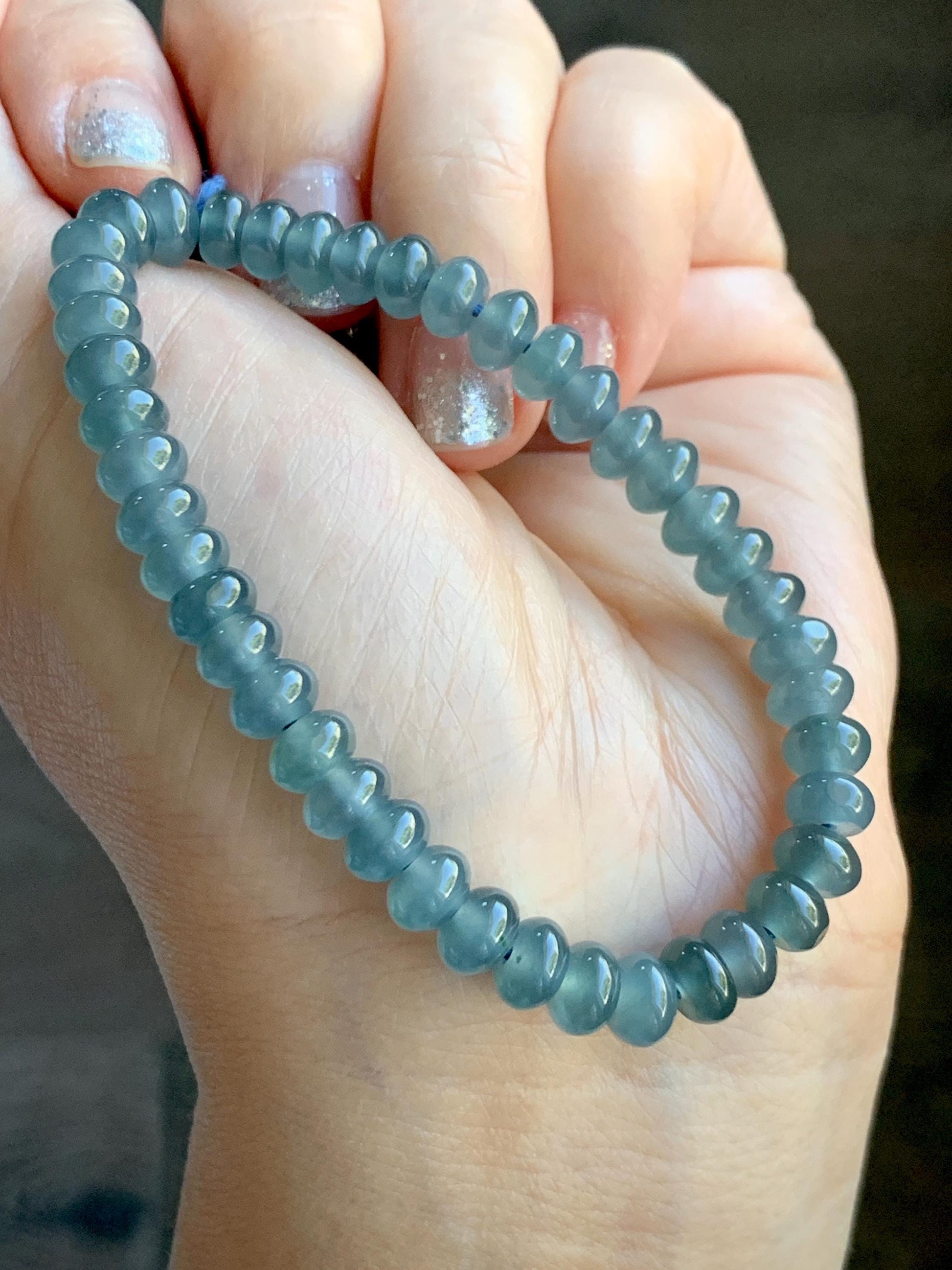 Certified Natural Grade A Guatemalan Icy Translucent Dusty Aegean Blue Jade Jadeite Small Drum Beads Beaded Bracelet 7” 15.5g 天然冰危蓝翡翠鼓珠手串491