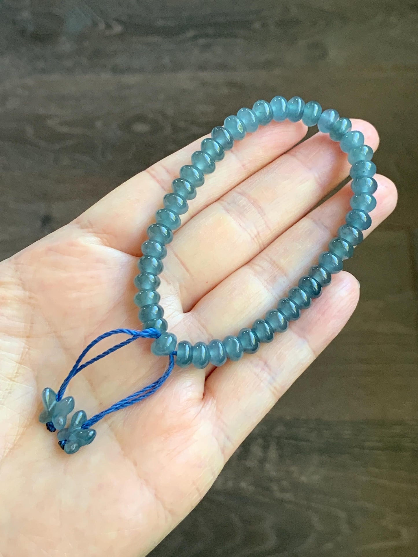 Certified Natural Grade A Guatemalan Icy Translucent Dusty Aegean Blue Jade Jadeite Small Drum Beads Beaded Bracelet 7” 15.5g 天然冰危蓝翡翠鼓珠手串491