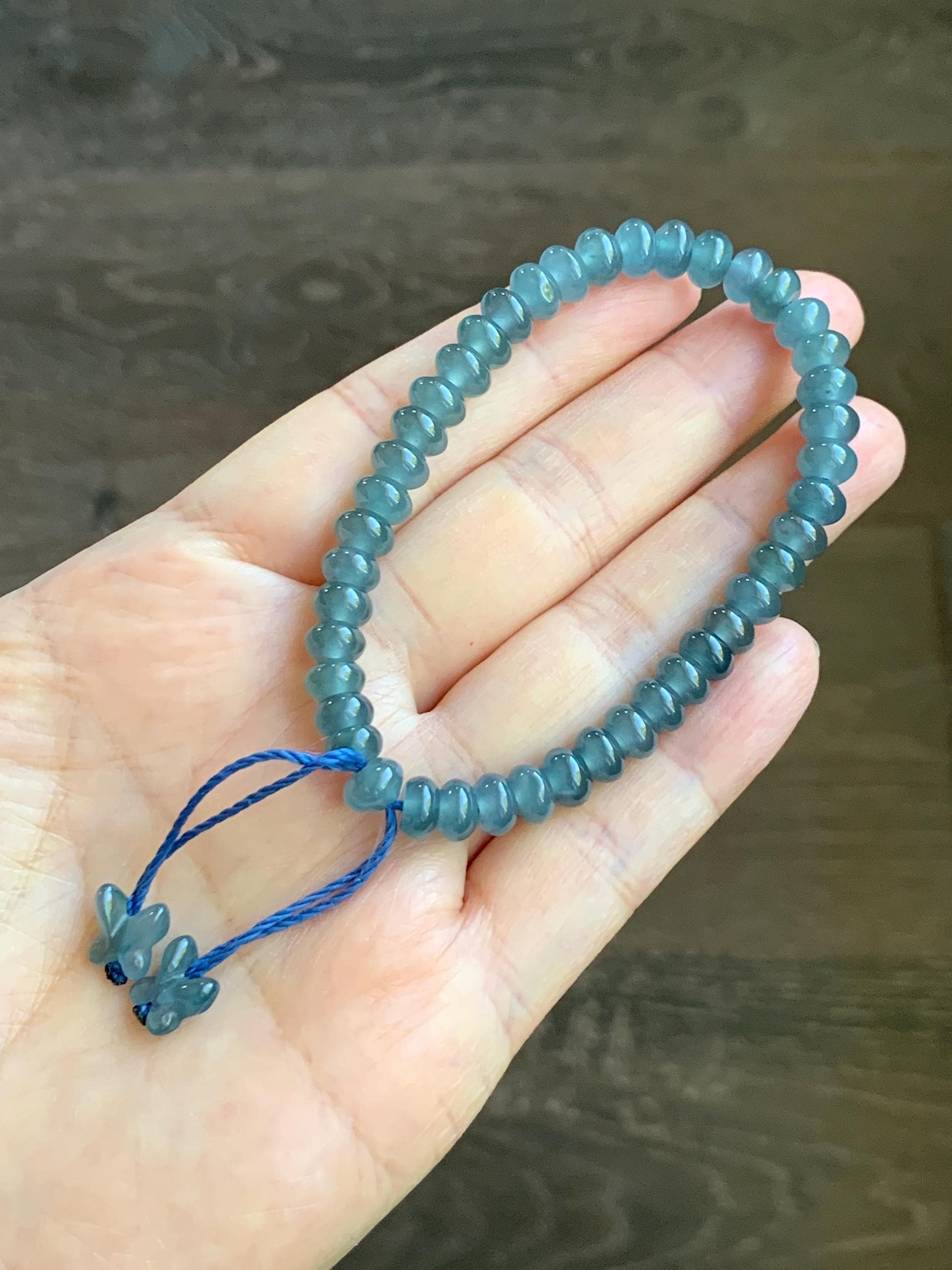 Certified Natural Grade A Guatemalan Icy Translucent Dusty Aegean Blue Jade Jadeite Small Drum Beads Beaded Bracelet 7” 15.5g 天然冰危蓝翡翠鼓珠手串491