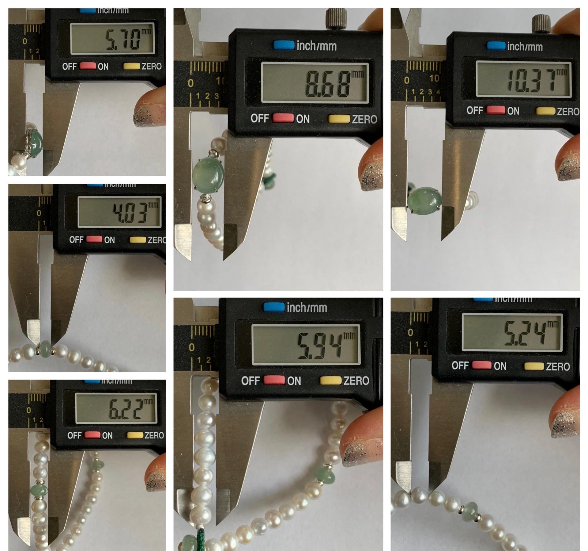 Natural Freshwater All-Nacre Pearls Grade A Icy Translucent Light Green Jade Jadeite Beaded Bracelet Sterling Silver 7" 天然淡水无核珍珠冰晴翡翠手串 ZQ203