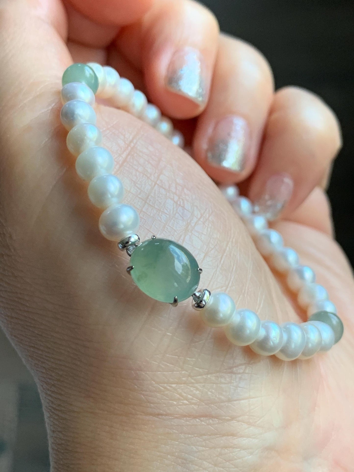 Natural Freshwater All-Nacre Pearls Grade A Icy Translucent Light Green Jade Jadeite Beaded Bracelet Sterling Silver 7" 天然淡水无核珍珠冰晴翡翠手串 ZQ203