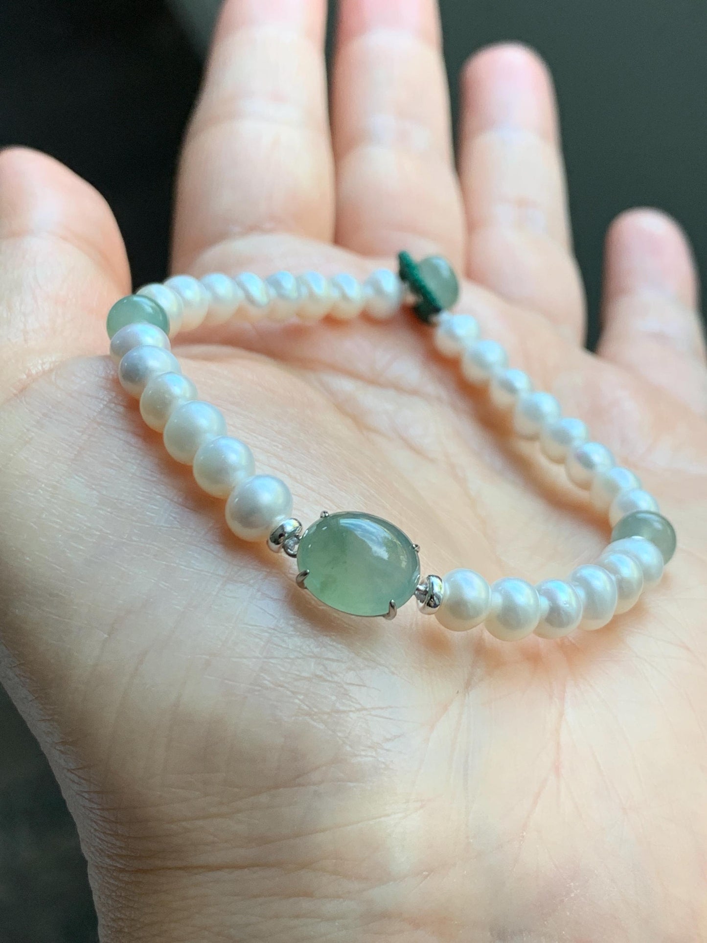 Natural Freshwater All-Nacre Pearls Grade A Icy Translucent Light Green Jade Jadeite Beaded Bracelet Sterling Silver 7" 天然淡水无核珍珠冰晴翡翠手串 ZQ203