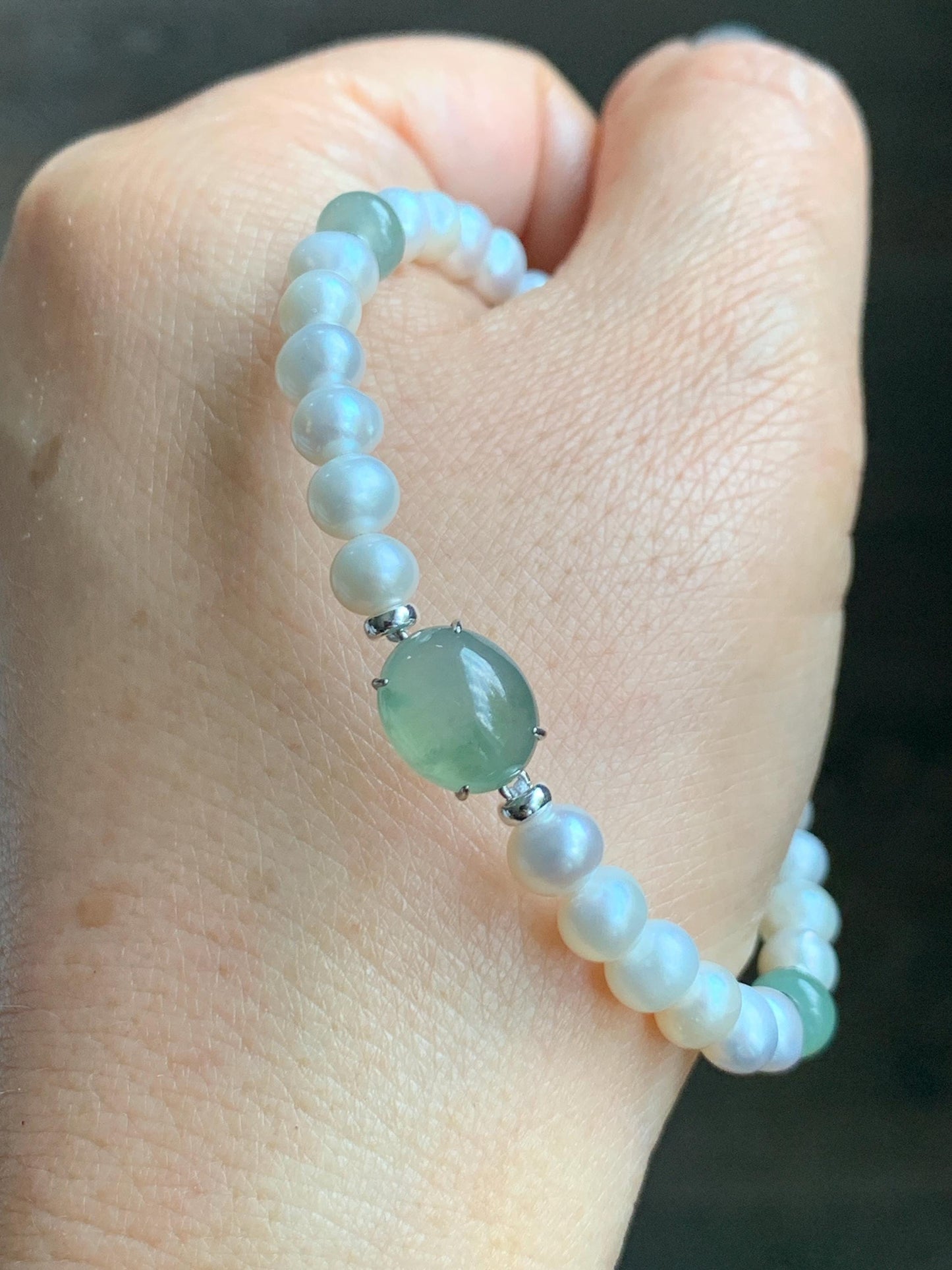 Natural Freshwater All-Nacre Pearls Grade A Icy Translucent Light Green Jade Jadeite Beaded Bracelet Sterling Silver 7" 天然淡水无核珍珠冰晴翡翠手串 ZQ203