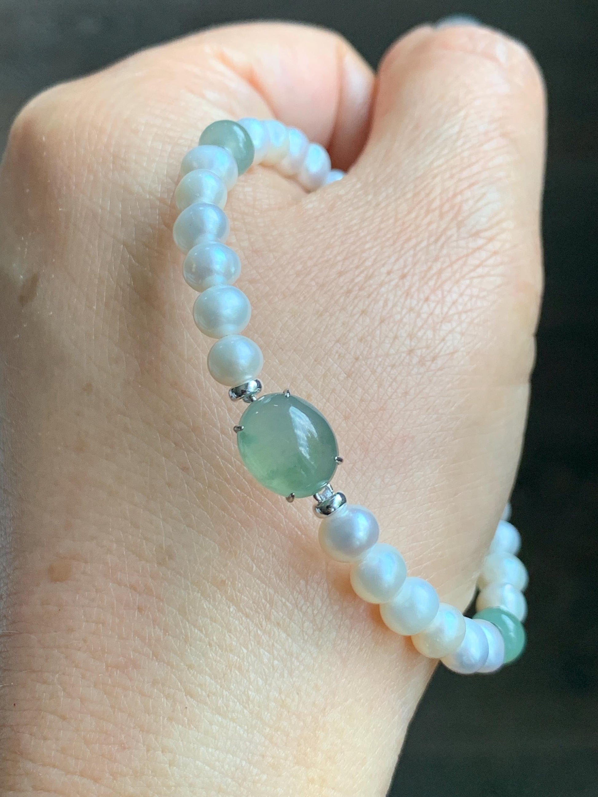 Natural Freshwater All-Nacre Pearls Grade A Icy Translucent Light Green Jade Jadeite Beaded Bracelet Sterling Silver 7" 天然淡水无核珍珠冰晴翡翠手串 ZQ203