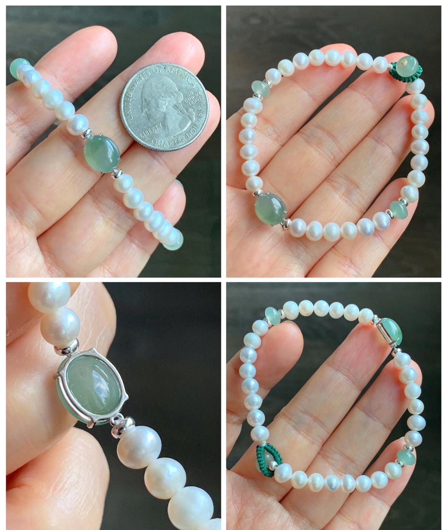 Natural Freshwater All-Nacre Pearls Grade A Icy Translucent Light Green Jade Jadeite Beaded Bracelet Sterling Silver 7" 天然淡水无核珍珠冰晴翡翠手串 ZQ203