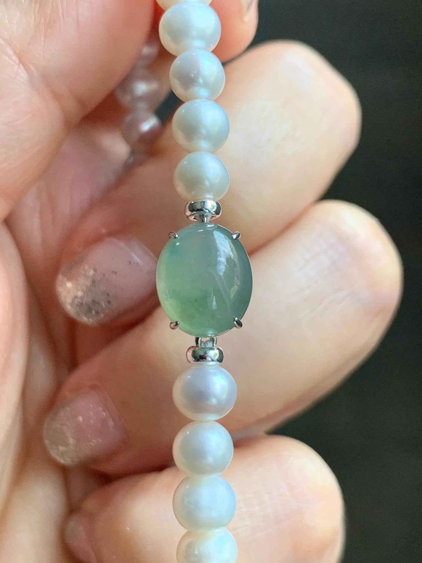 Natural Freshwater All-Nacre Pearls Grade A Icy Translucent Light Green Jade Jadeite Beaded Bracelet Sterling Silver 7" 天然淡水无核珍珠冰晴翡翠手串 ZQ203