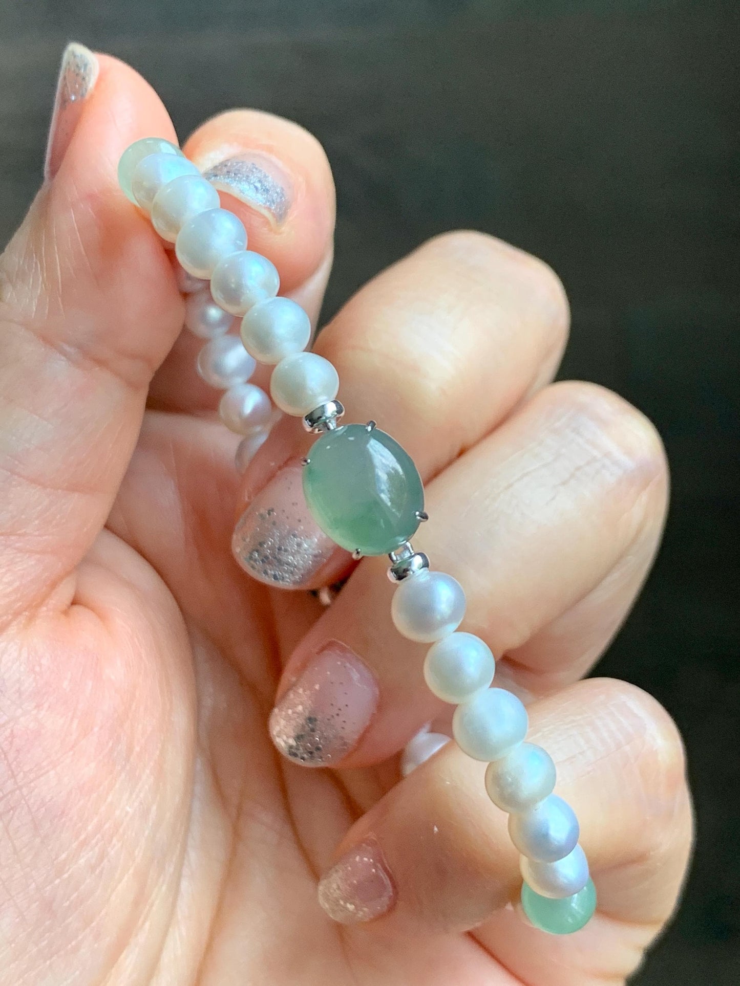 Natural Freshwater All-Nacre Pearls Grade A Icy Translucent Light Green Jade Jadeite Beaded Bracelet Sterling Silver 7" 天然淡水无核珍珠冰晴翡翠手串 ZQ203