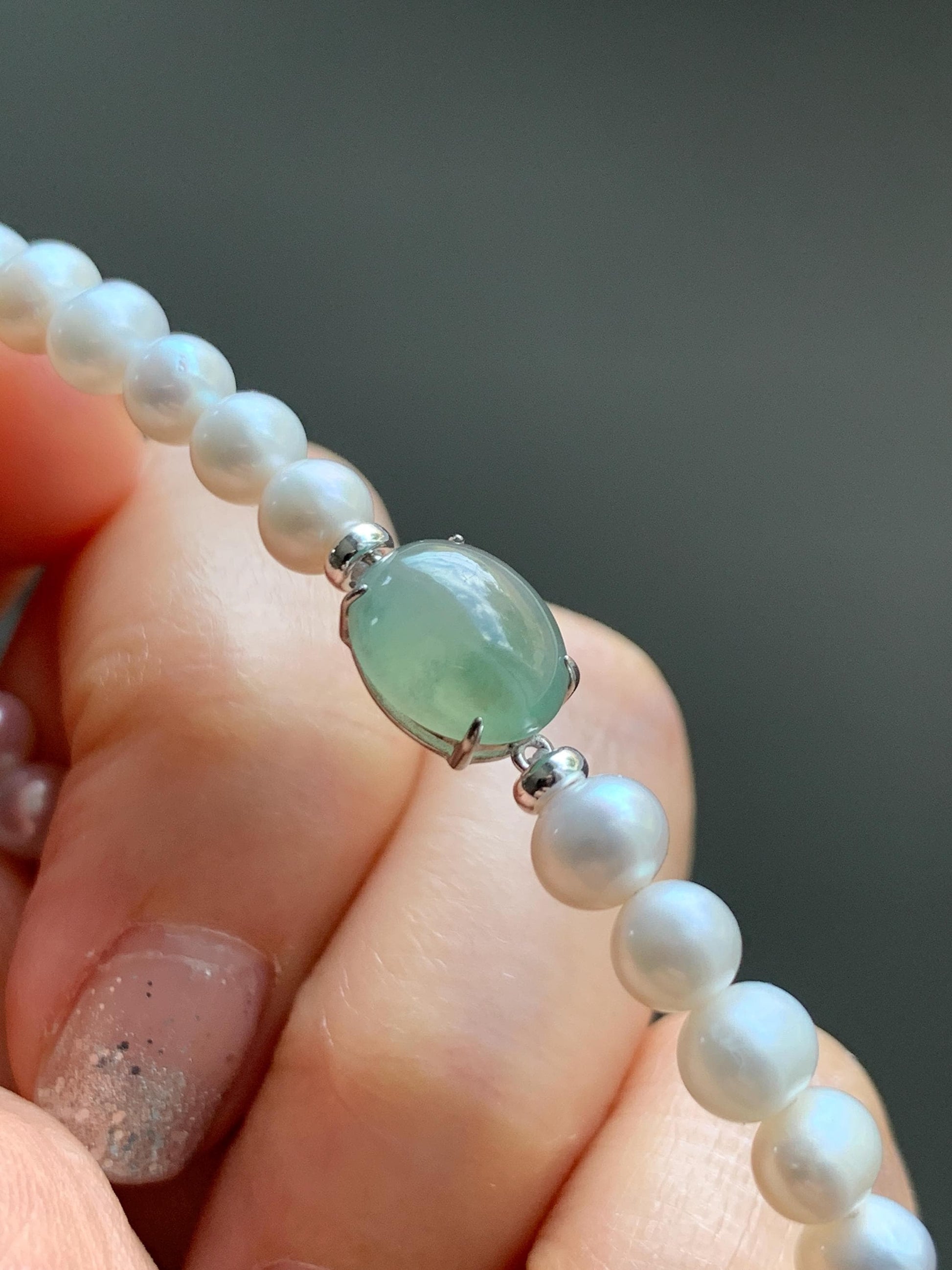 Natural Freshwater All-Nacre Pearls Grade A Icy Translucent Light Green Jade Jadeite Beaded Bracelet Sterling Silver 7" 天然淡水无核珍珠冰晴翡翠手串 ZQ203