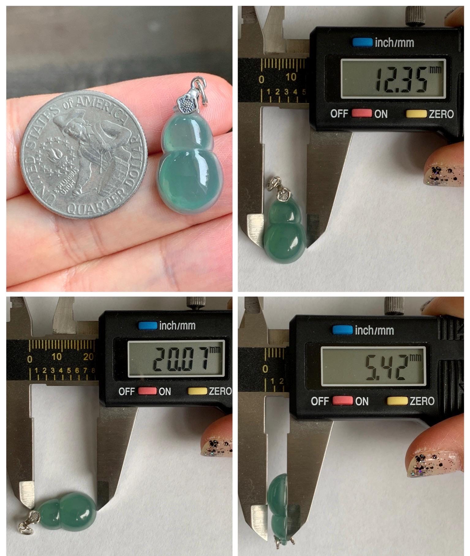 Natural Grade A Guatemalan Icy Translucent Teal Green Jade Jadeite Gourd Hulu Pendant Sterling Silver 3g 天然冰危蓝绿翡翠葫芦吊坠 WHG110A
