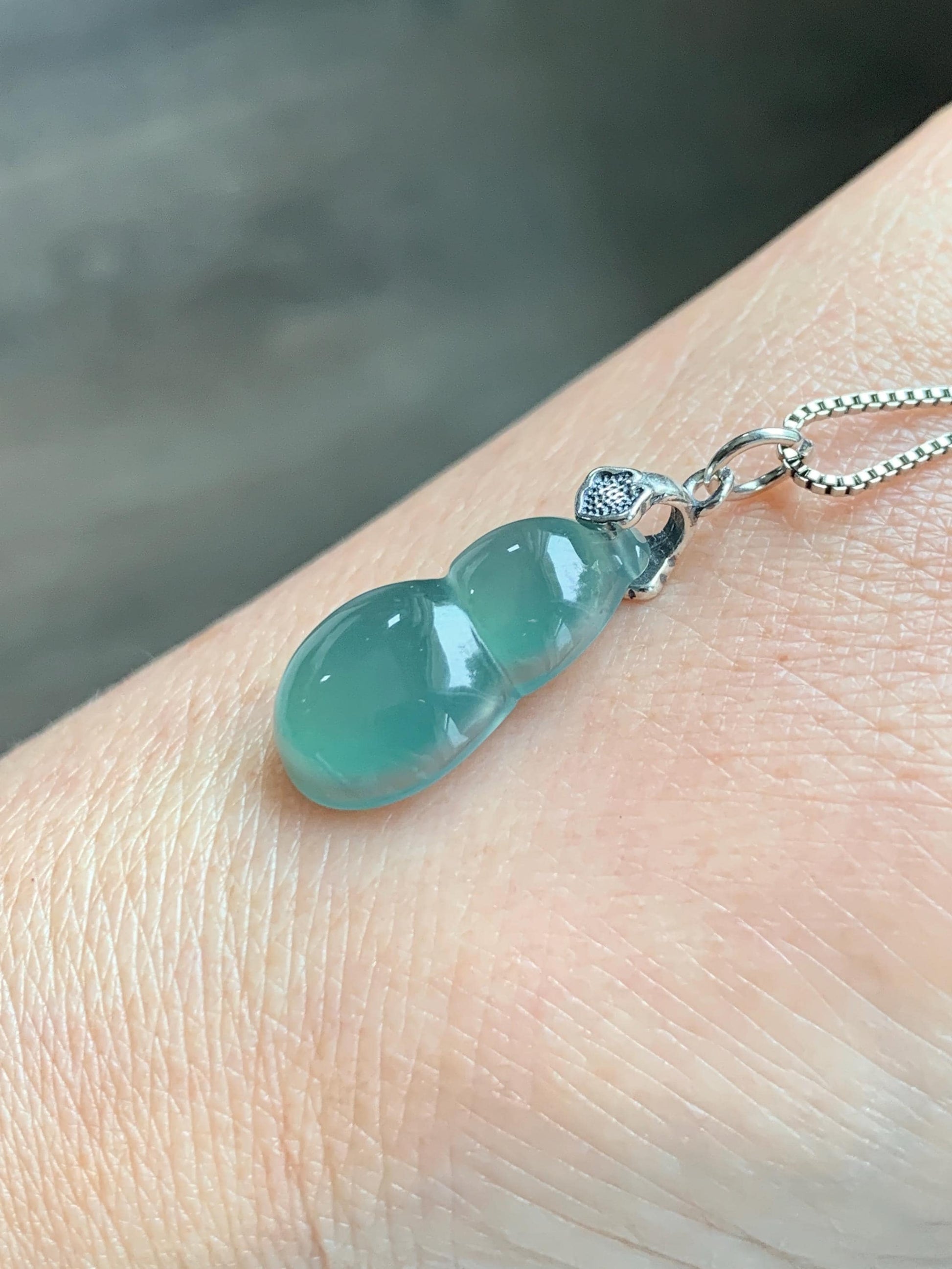 Natural Grade A Guatemalan Icy Translucent Teal Green Jade Jadeite Gourd Hulu Pendant Sterling Silver 3g 天然冰危蓝绿翡翠葫芦吊坠 WHG110A