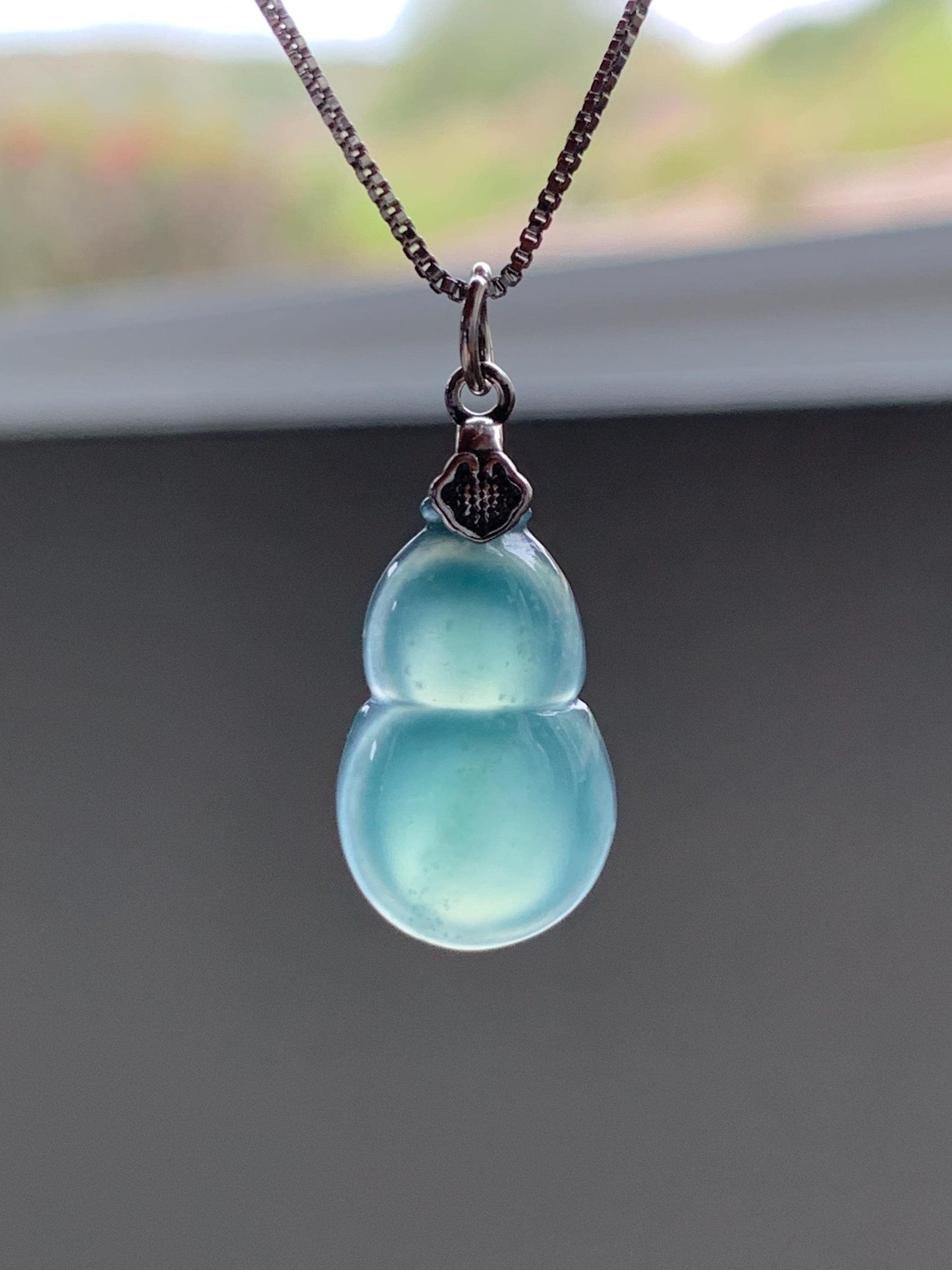 Natural Grade A Guatemalan Icy Translucent Teal Green Jade Jadeite Gourd Hulu Pendant Sterling Silver 3g 天然冰危蓝绿翡翠葫芦吊坠 WHG110A