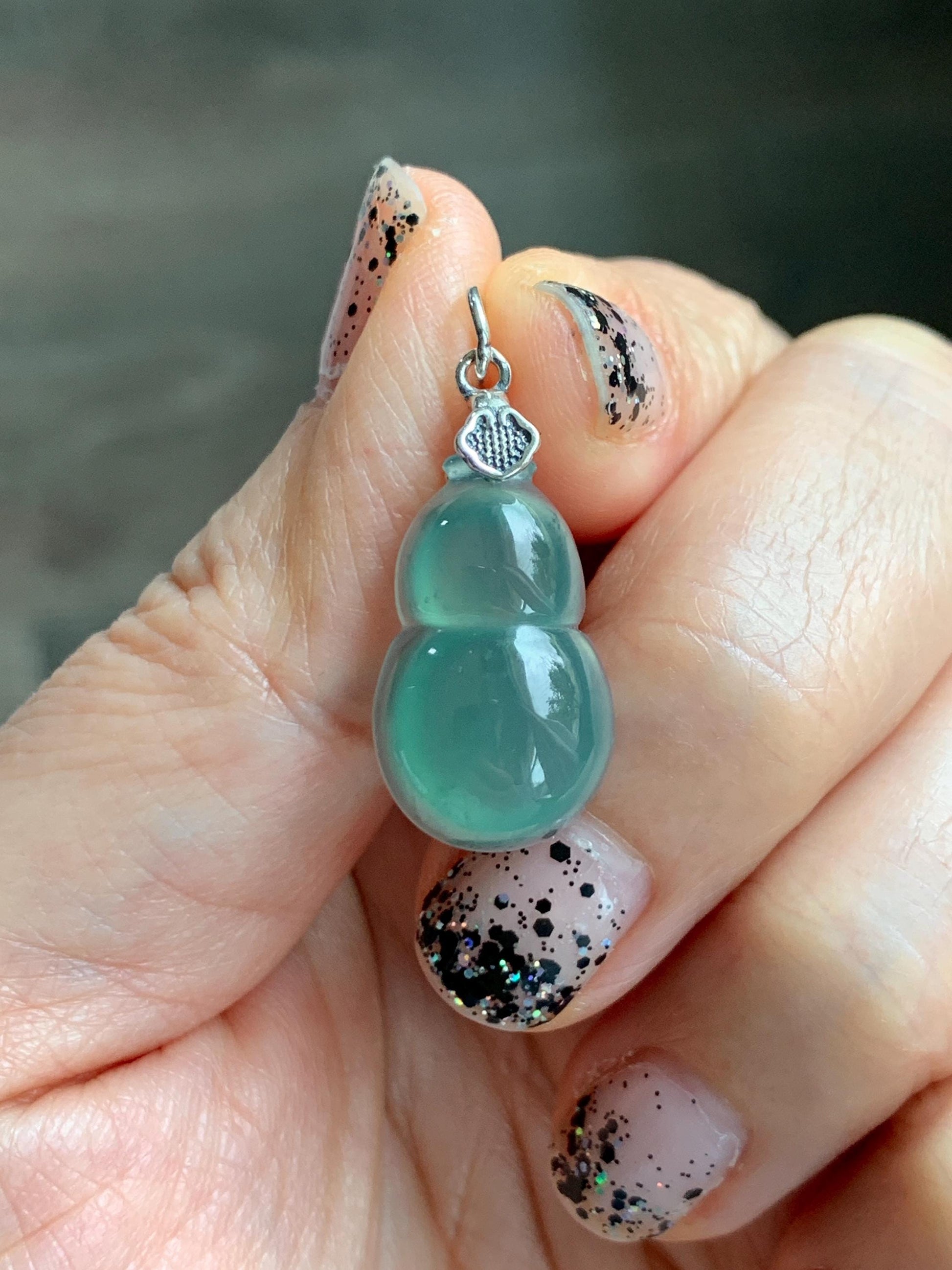 Natural Grade A Guatemalan Icy Translucent Teal Green Jade Jadeite Gourd Hulu Pendant Sterling Silver 3g 天然冰危蓝绿翡翠葫芦吊坠 WHG110A