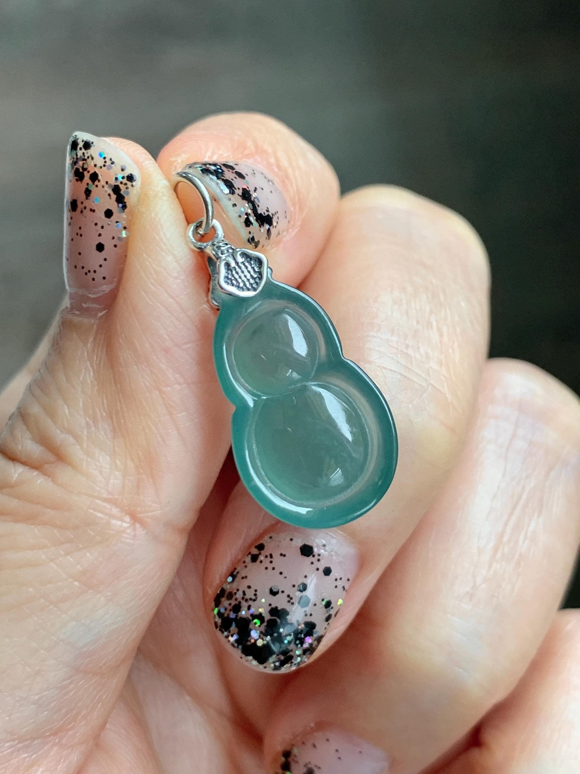 Natural Grade A Guatemalan Icy Translucent Teal Green Jade Jadeite Gourd Hulu Pendant Sterling Silver 3g 天然冰危蓝绿翡翠葫芦吊坠 WHG110A