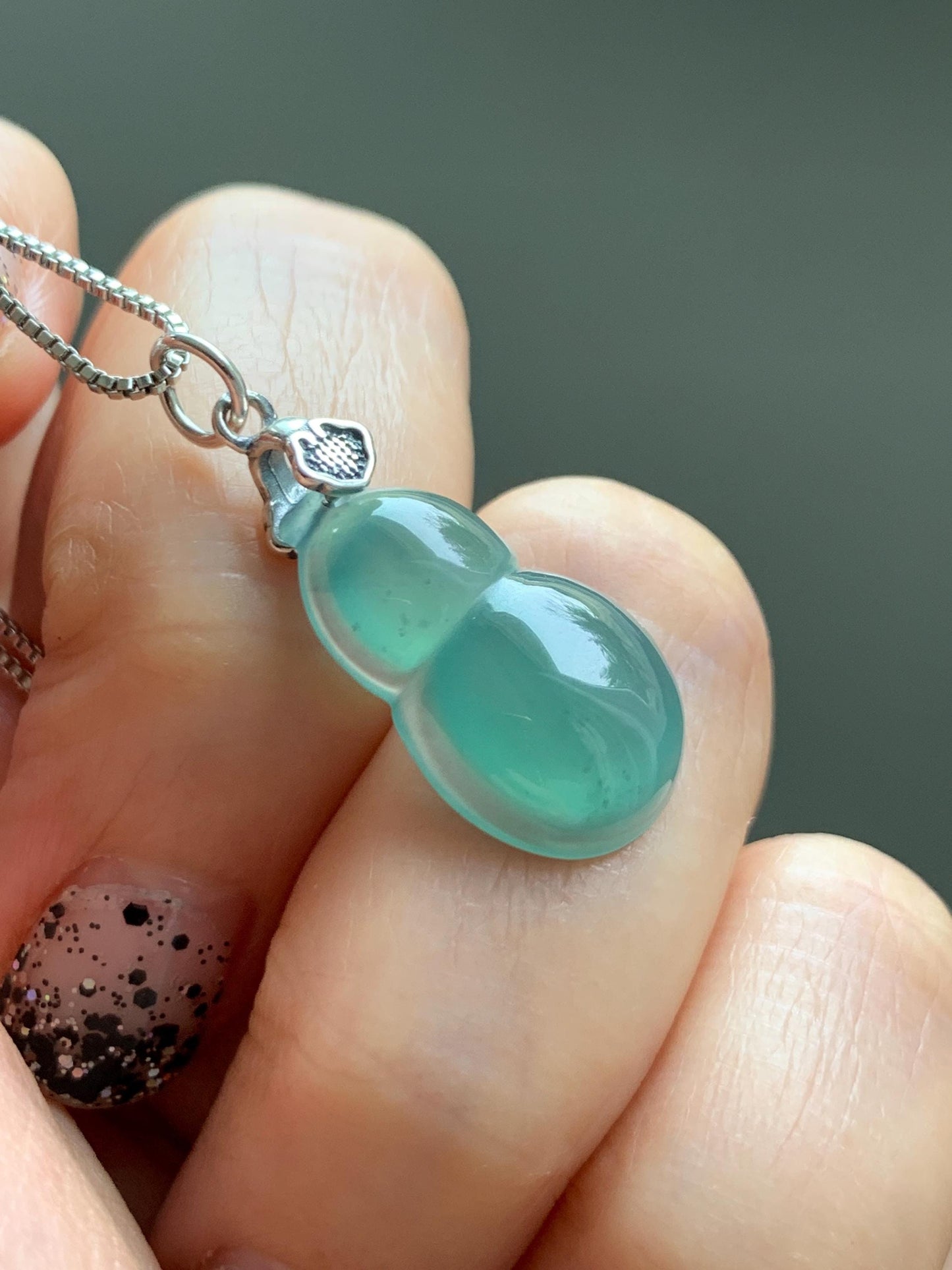 Natural Grade A Guatemalan Icy Translucent Teal Green Jade Jadeite Gourd Hulu Pendant Sterling Silver 3g 天然冰危蓝绿翡翠葫芦吊坠 WHG110A