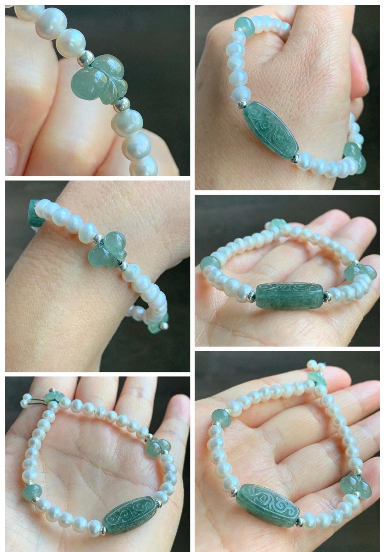 Natural Freshwater All-Nacre Pearls Grade A Icy Translucent Light Green Jade Jadeite Beaded Bracelet Sterling Silver 7" 天然淡水无核珍珠冰晴翡翠手串 ZQ220
