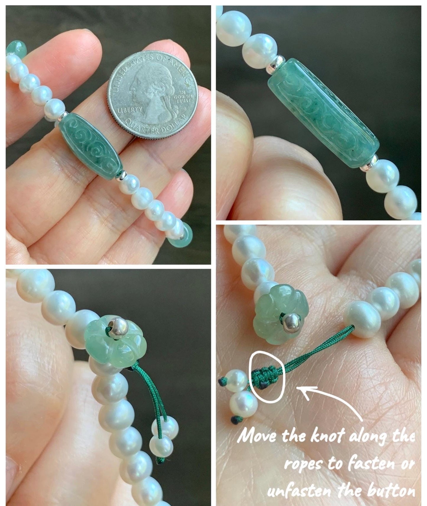 Natural Freshwater All-Nacre Pearls Grade A Icy Translucent Light Green Jade Jadeite Beaded Bracelet Sterling Silver 7" 天然淡水无核珍珠冰晴翡翠手串 ZQ220