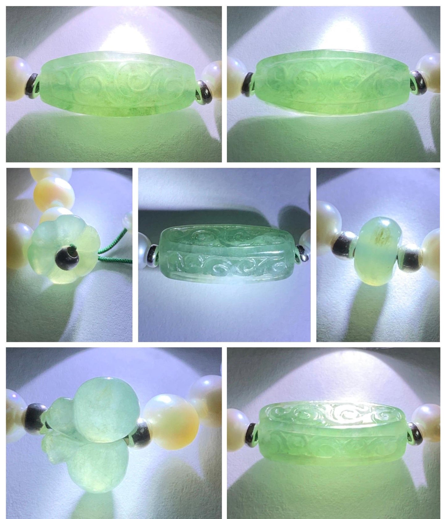 Natural Freshwater All-Nacre Pearls Grade A Icy Translucent Light Green Jade Jadeite Beaded Bracelet Sterling Silver 7" 天然淡水无核珍珠冰晴翡翠手串 ZQ220