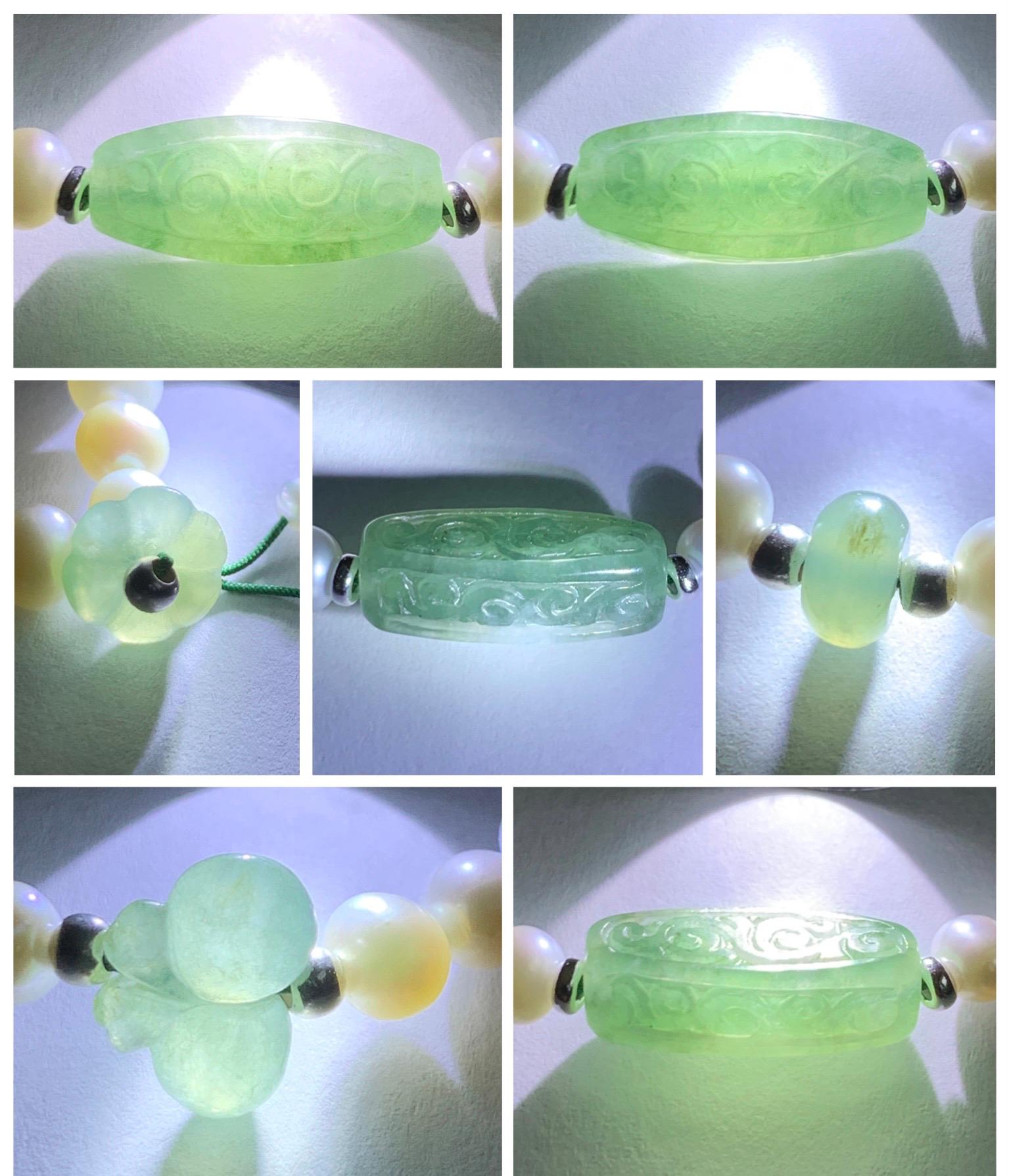 Natural Freshwater All-Nacre Pearls Grade A Icy Translucent Light Green Jade Jadeite Beaded Bracelet Sterling Silver 7" 天然淡水无核珍珠冰晴翡翠手串 ZQ220