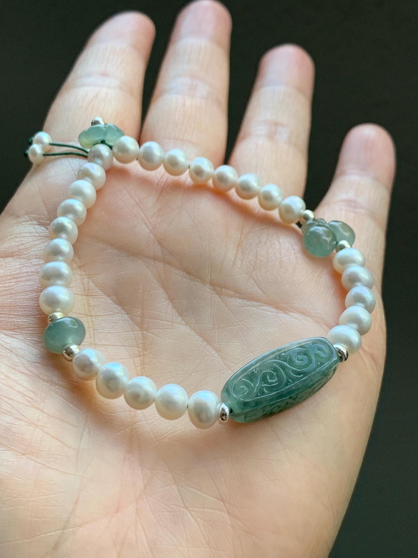 Natural Freshwater All-Nacre Pearls Grade A Icy Translucent Light Green Jade Jadeite Beaded Bracelet Sterling Silver 7" 天然淡水无核珍珠冰晴翡翠手串 ZQ220
