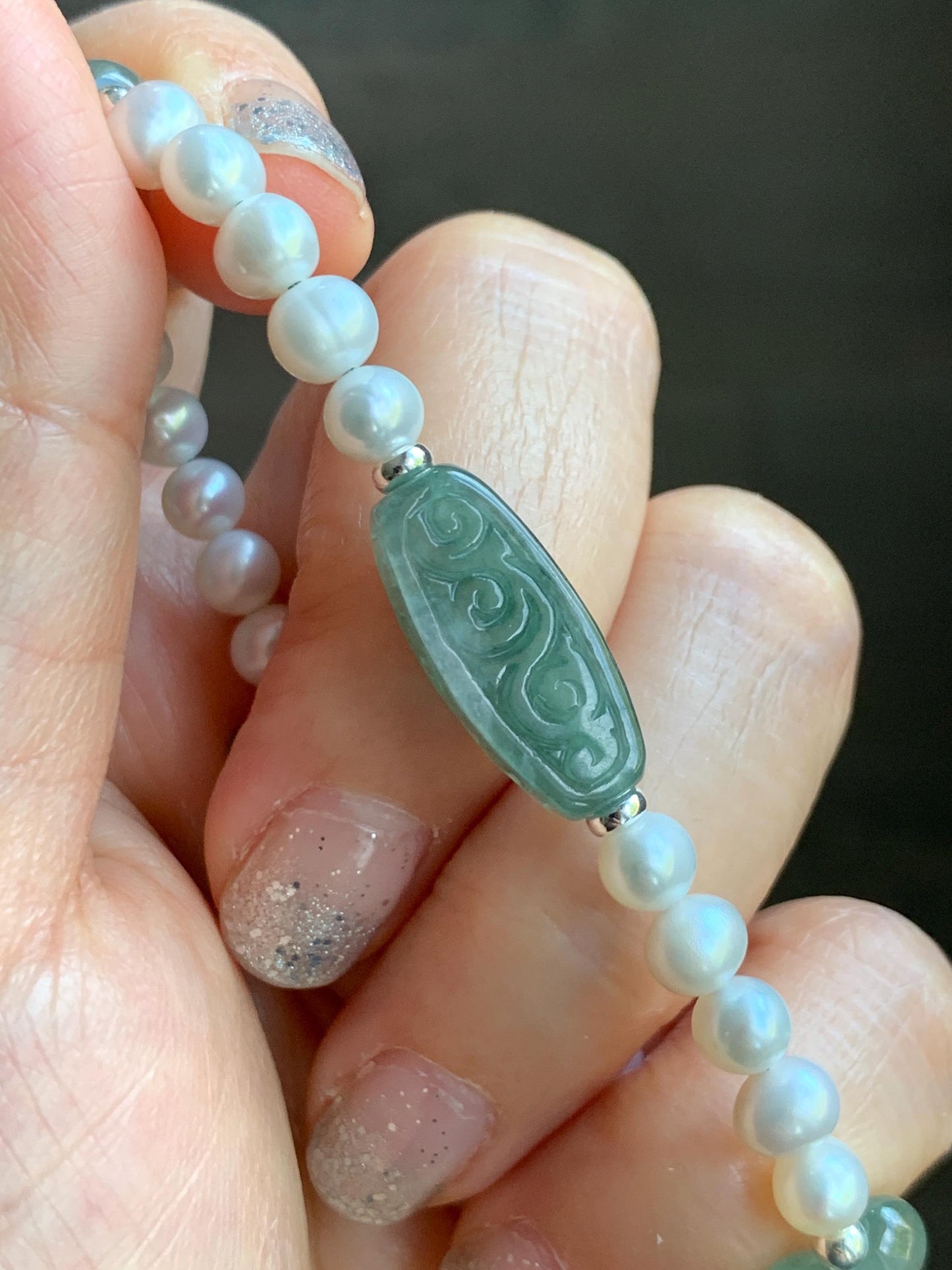 Natural Freshwater All-Nacre Pearls Grade A Icy Translucent Light Green Jade Jadeite Beaded Bracelet Sterling Silver 7" 天然淡水无核珍珠冰晴翡翠手串 ZQ220