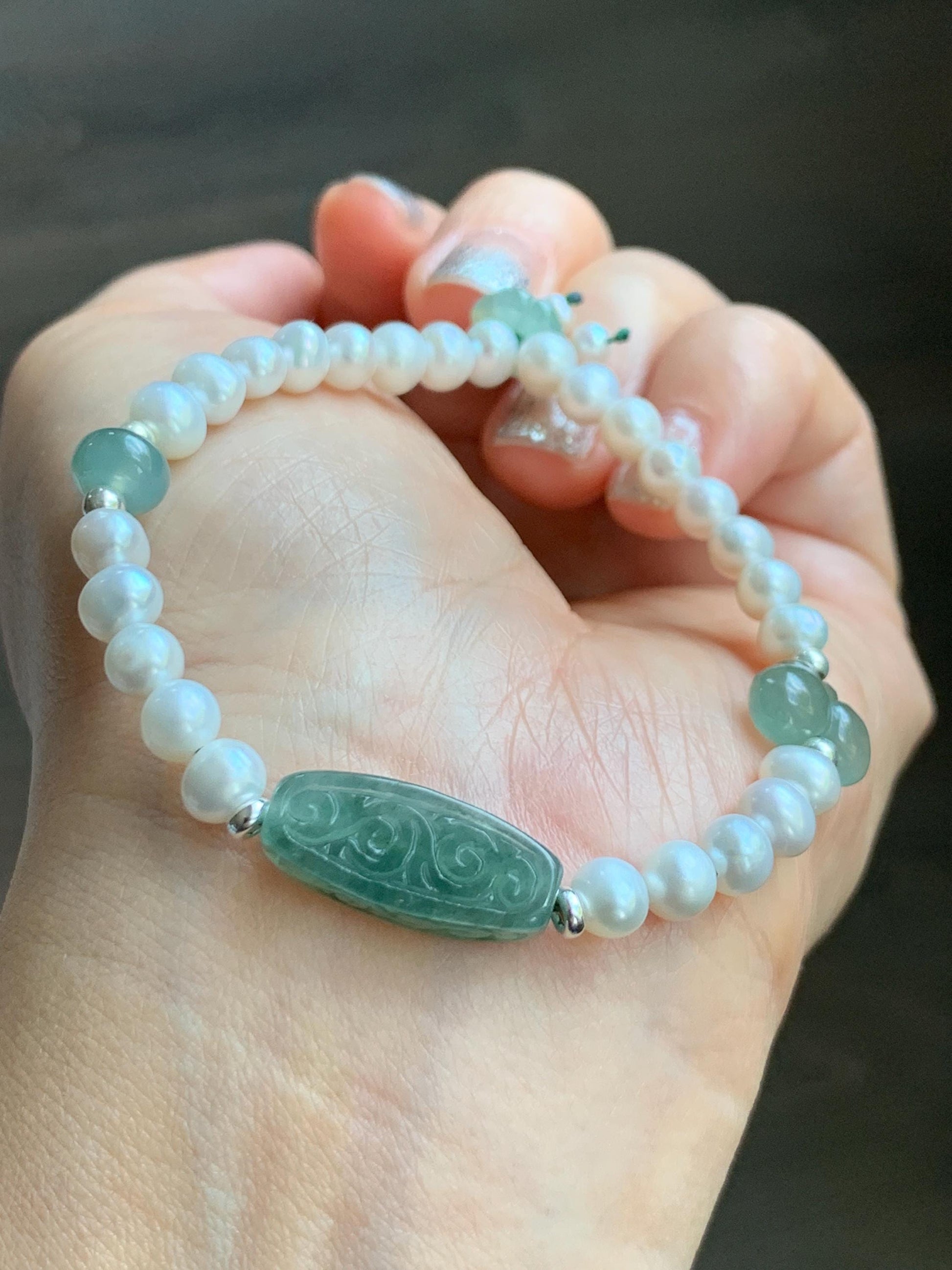 Natural Freshwater All-Nacre Pearls Grade A Icy Translucent Light Green Jade Jadeite Beaded Bracelet Sterling Silver 7" 天然淡水无核珍珠冰晴翡翠手串 ZQ220