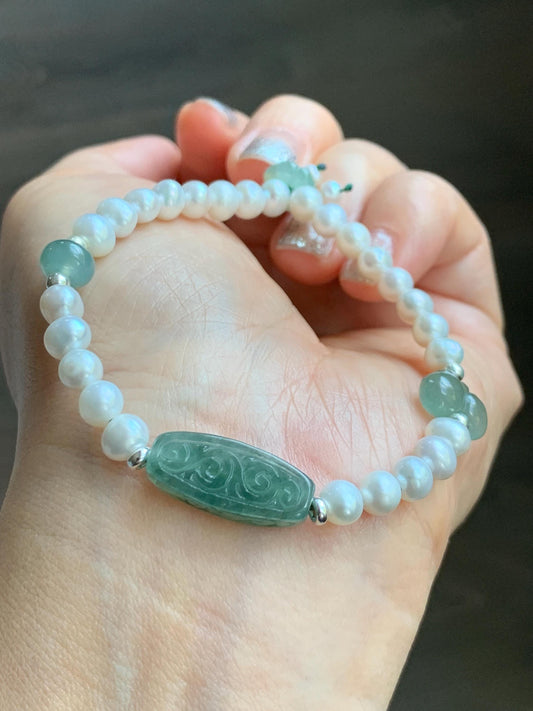 Natural Freshwater All-Nacre Pearls Grade A Icy Translucent Light Green Jade Jadeite Beaded Bracelet Sterling Silver 7" 天然淡水无核珍珠冰晴翡翠手串 ZQ220