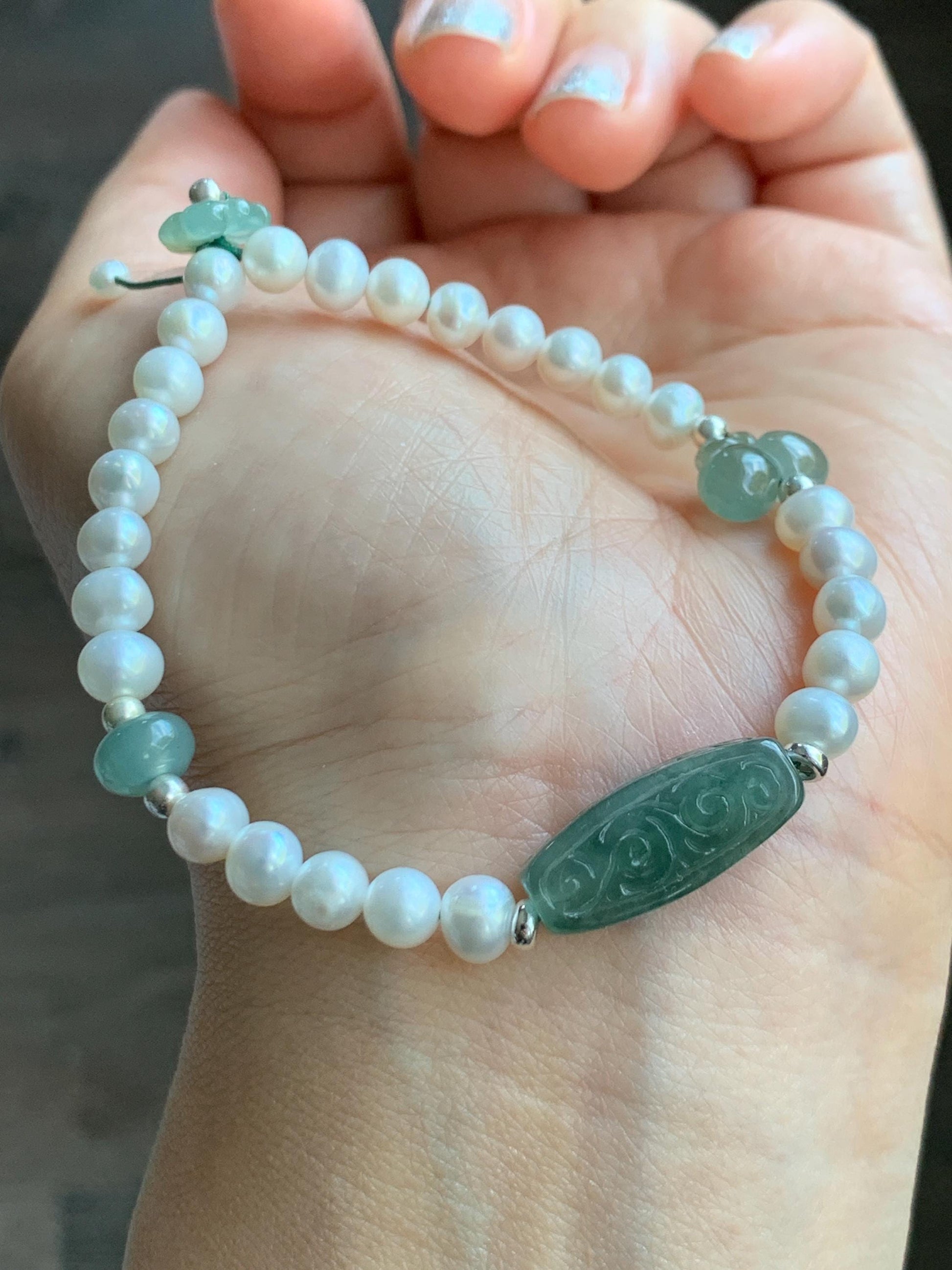 Natural Freshwater All-Nacre Pearls Grade A Icy Translucent Light Green Jade Jadeite Beaded Bracelet Sterling Silver 7" 天然淡水无核珍珠冰晴翡翠手串 ZQ220