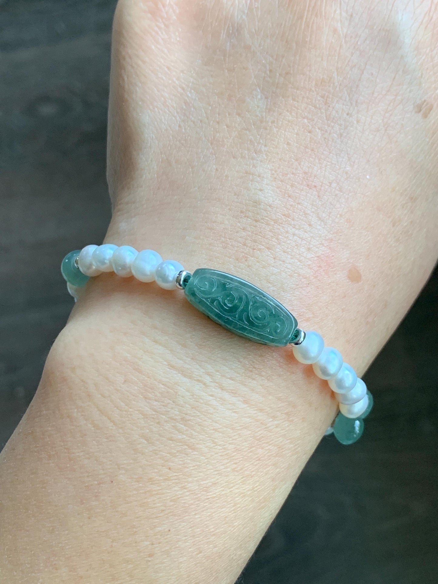 Natural Freshwater All-Nacre Pearls Grade A Icy Translucent Light Green Jade Jadeite Beaded Bracelet Sterling Silver 7" 天然淡水无核珍珠冰晴翡翠手串 ZQ220