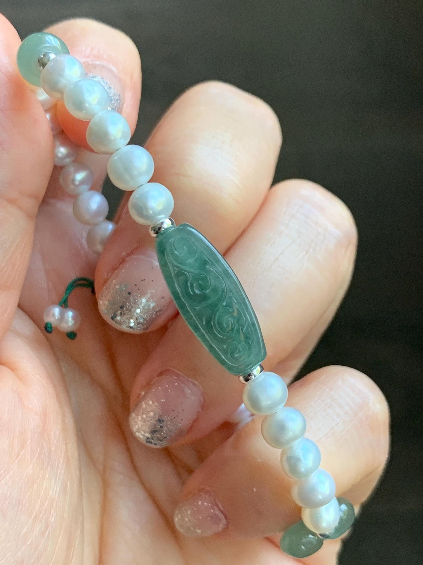 Natural Freshwater All-Nacre Pearls Grade A Icy Translucent Light Green Jade Jadeite Beaded Bracelet Sterling Silver 7" 天然淡水无核珍珠冰晴翡翠手串 ZQ220