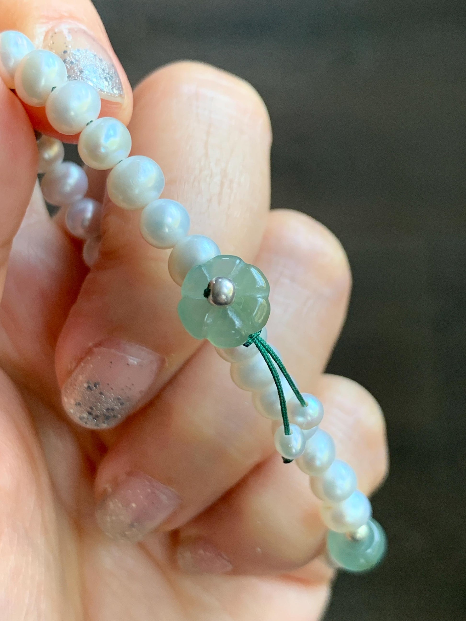 Natural Freshwater All-Nacre Pearls Grade A Icy Translucent Light Green Jade Jadeite Beaded Bracelet Sterling Silver 7" 天然淡水无核珍珠冰晴翡翠手串 ZQ220