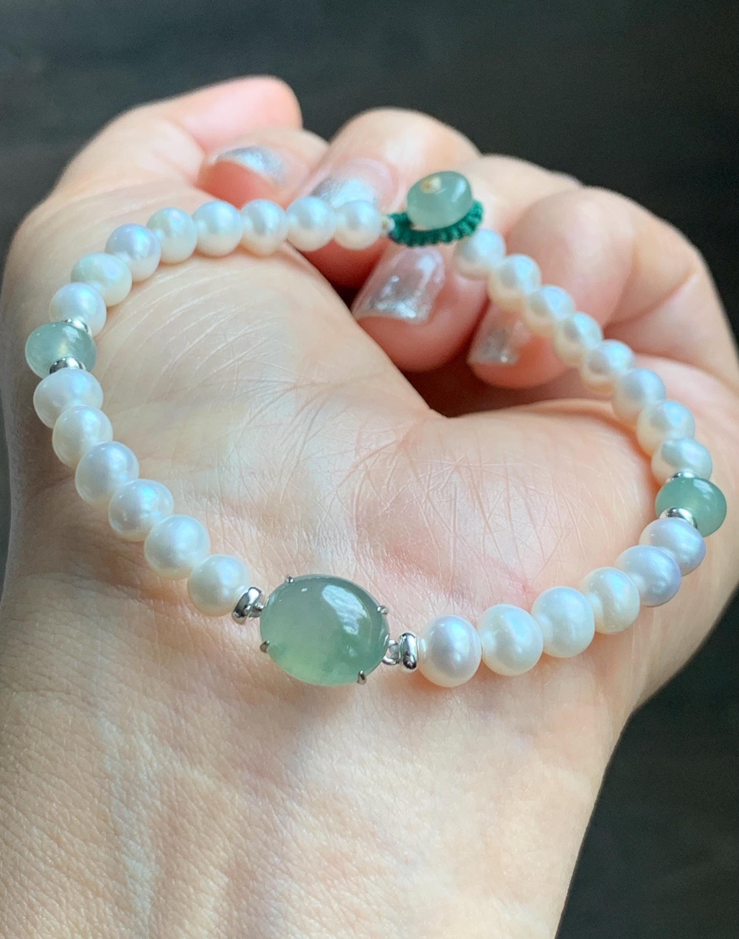 Natural Freshwater All-Nacre Pearls Grade A Icy Translucent Light Green Jade Jadeite Beaded Bracelet Sterling Silver 7" 天然淡水无核珍珠冰晴翡翠手串 ZQ203