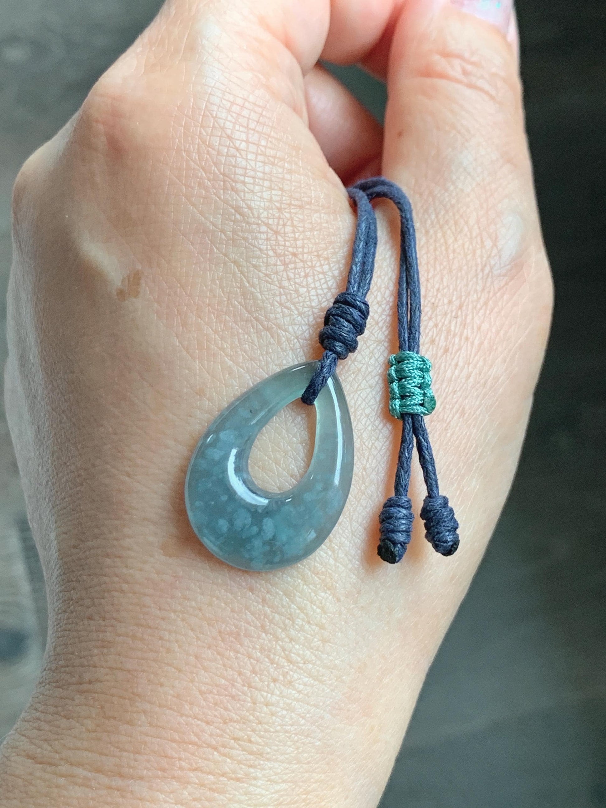 Natural Grade A Guatemalan Icy Highly Translucent Pastel Dusty Blue Jade Jadeite Teardrop Pendant Rope Bracelet 27” 天然冰危浅蓝翡翠小水滴项链WSD33B