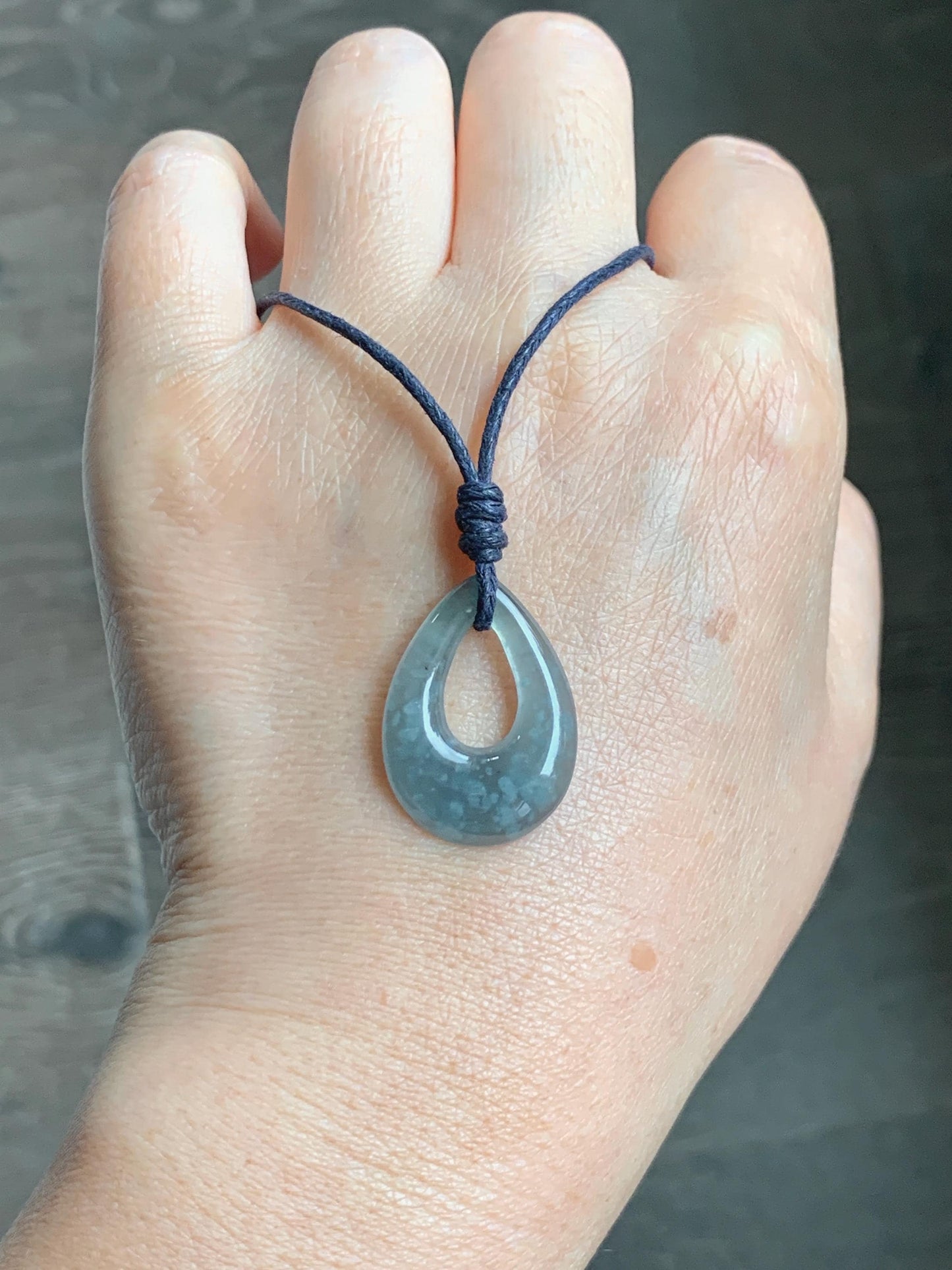 Natural Grade A Guatemalan Icy Highly Translucent Pastel Dusty Blue Jade Jadeite Teardrop Pendant Rope Bracelet 27” 天然冰危浅蓝翡翠小水滴项链WSD33B